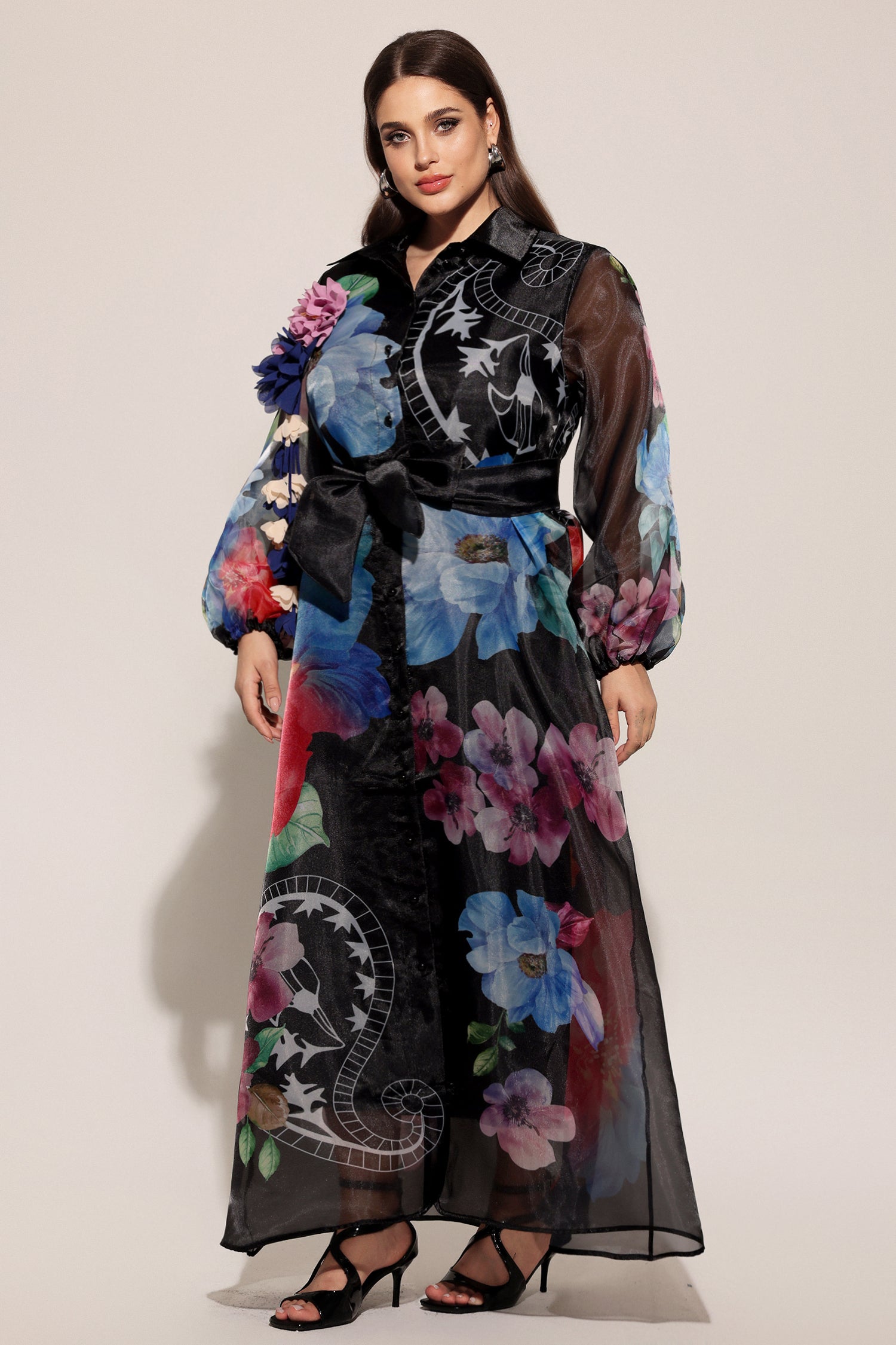 Farrah Lapel Long Sleeves Flowers Printed Maxi Dress