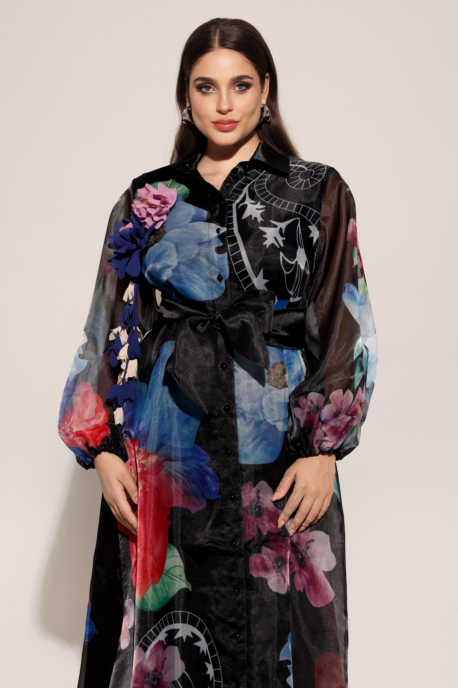 Farrah Lapel Long Sleeves Flowers Printed Maxi Dress