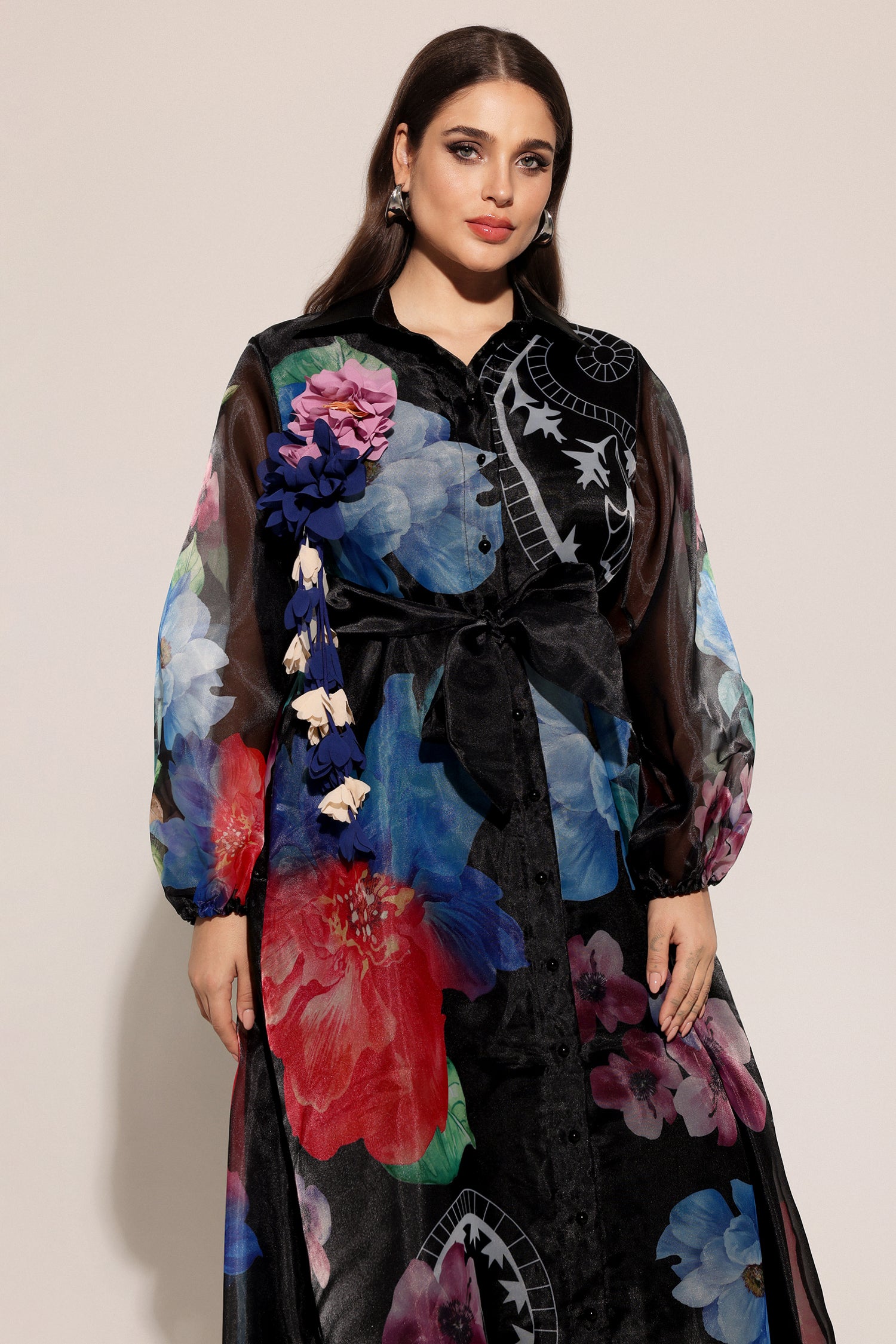 Farrah Lapel Long Sleeves Flowers Printed Maxi Dress