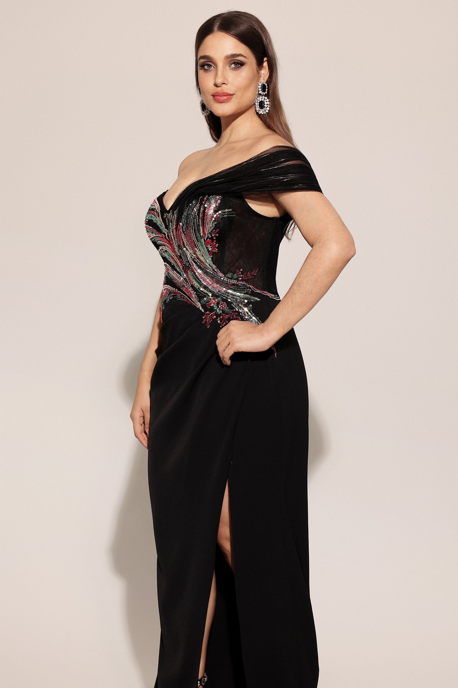 Stolen Strapless Sequin Embroidered Slit Bandage Maxi Dress