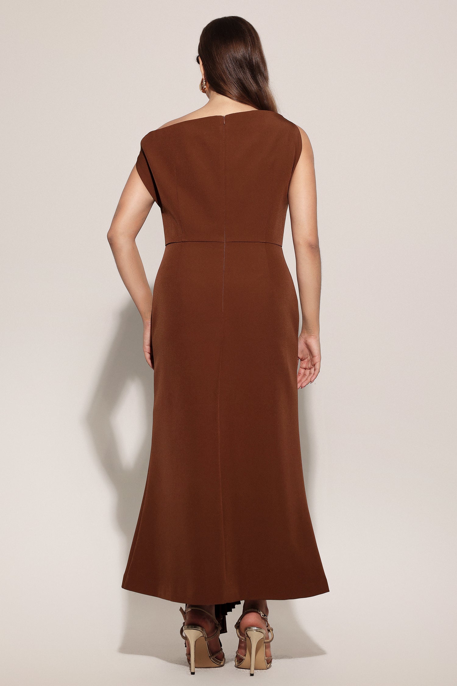 Paulina Oblique Shoulder Sleeveless Folds Brown Midi Dress