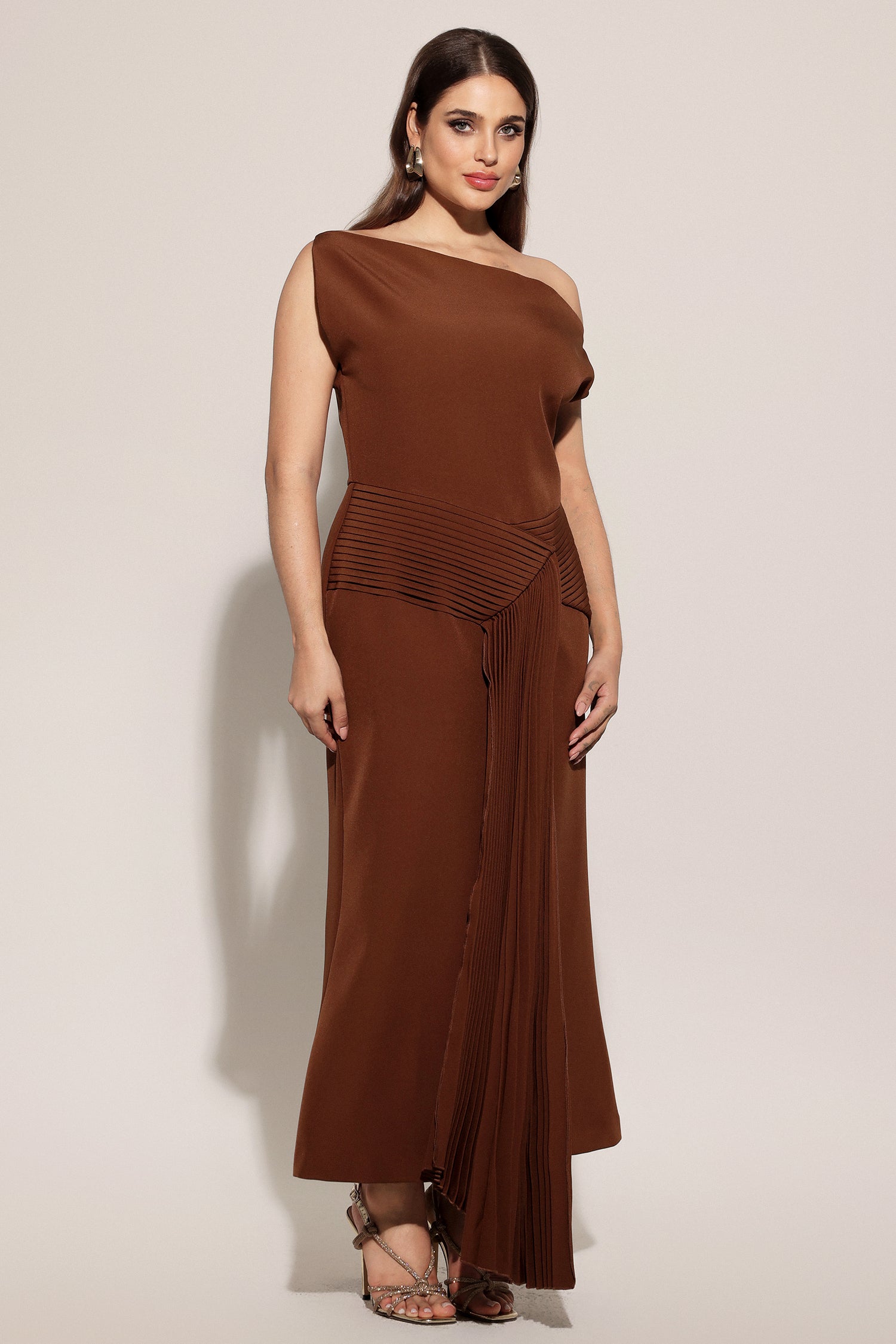 Paulina Oblique Shoulder Sleeveless Folds Brown Midi Dress