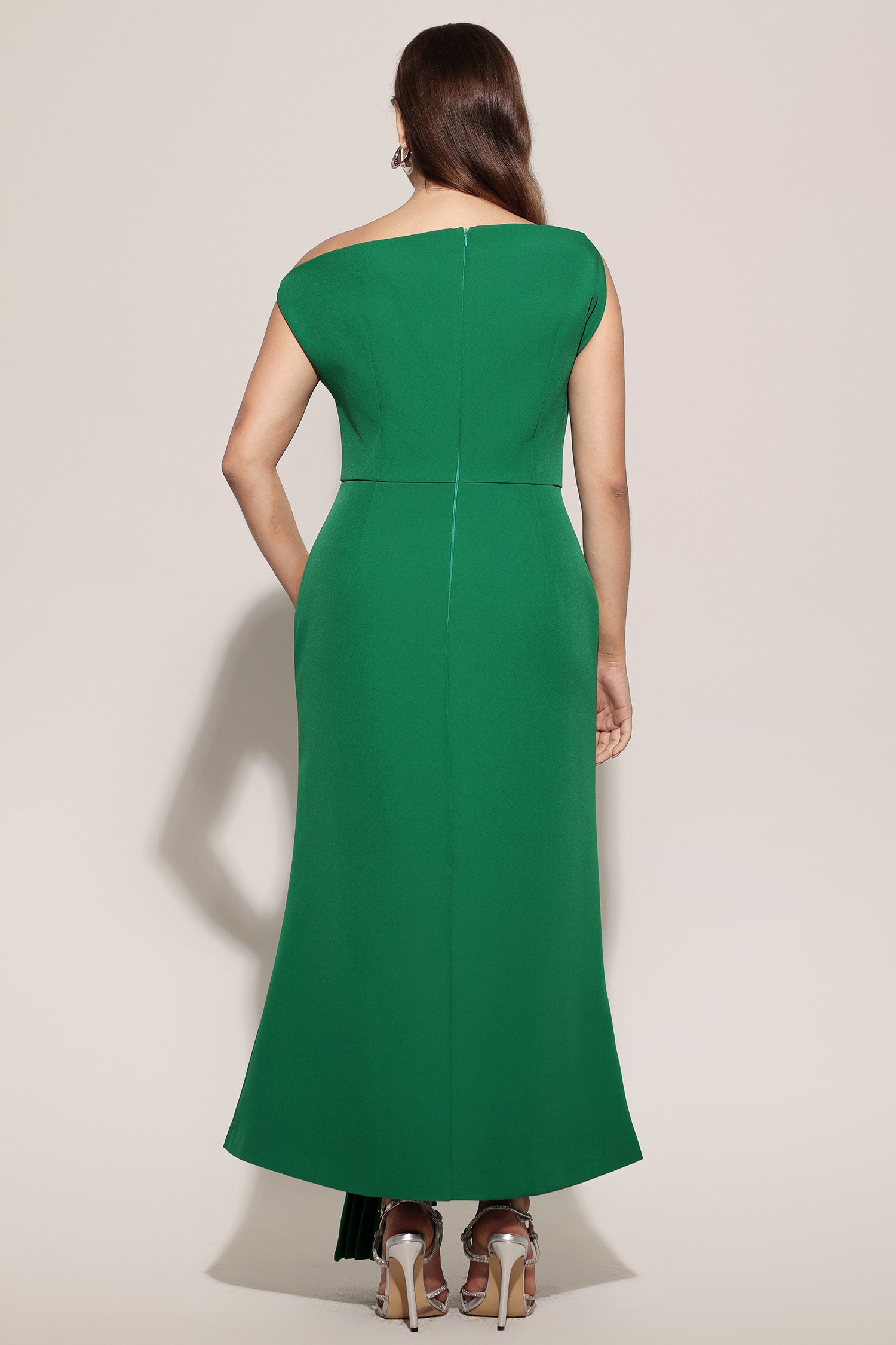 Paulina Oblique Shoulder Sleeveless Folds Green Midi Dress