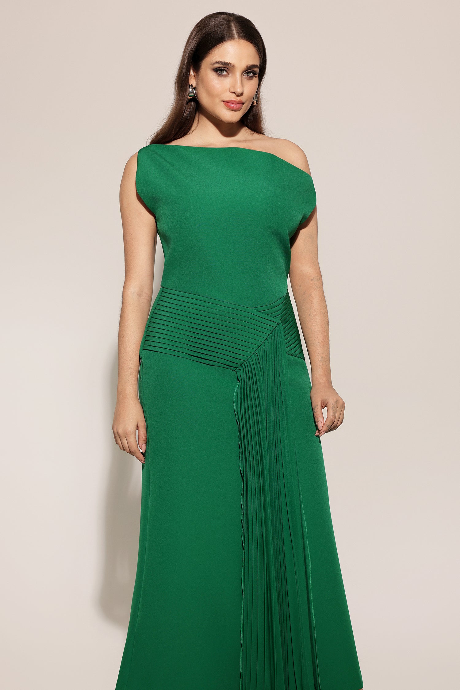 Paulina Oblique Shoulder Sleeveless Folds Green Midi Dress
