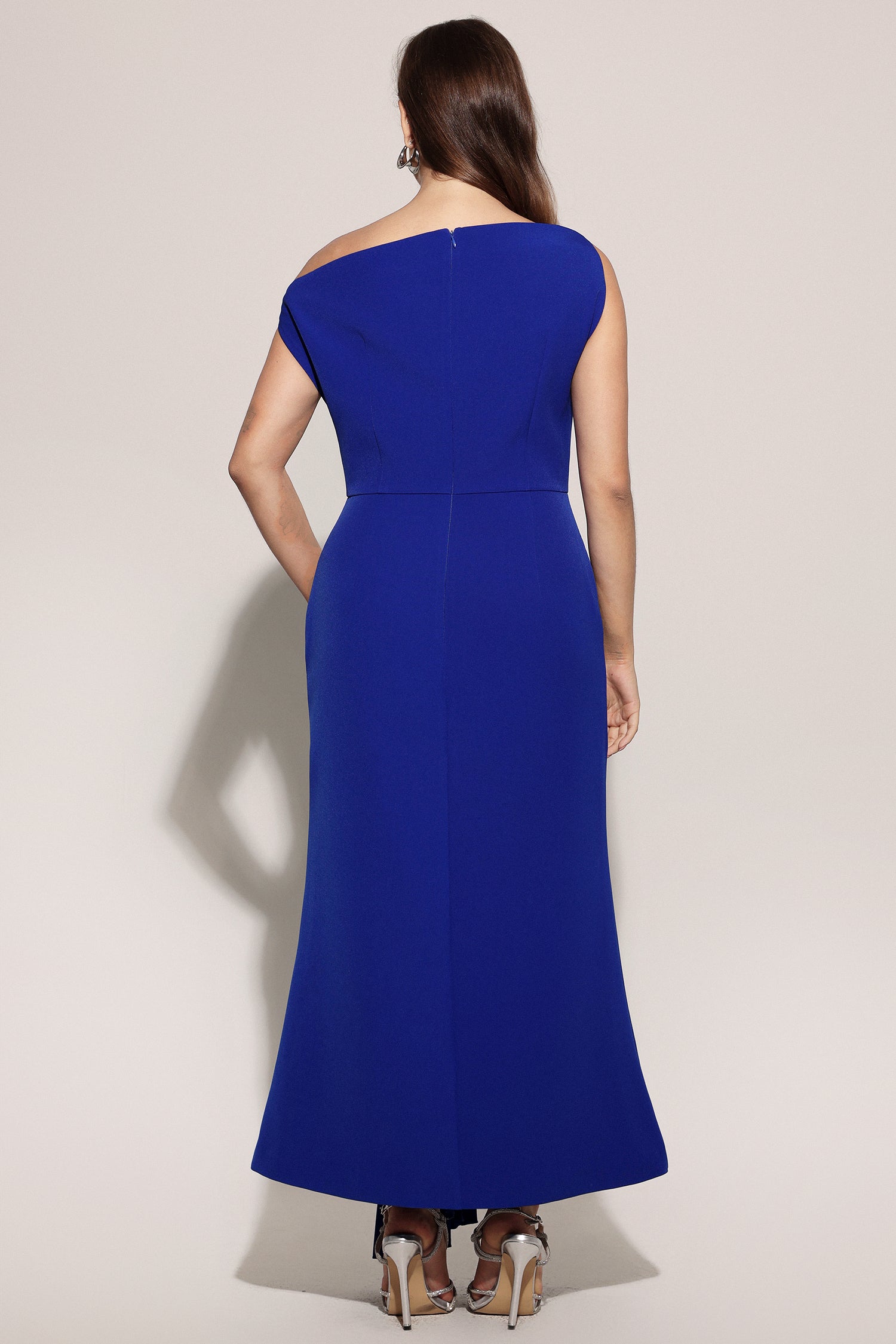 Paulina Oblique Shoulder Sleeveless Folds RoyalBlue Midi Dress