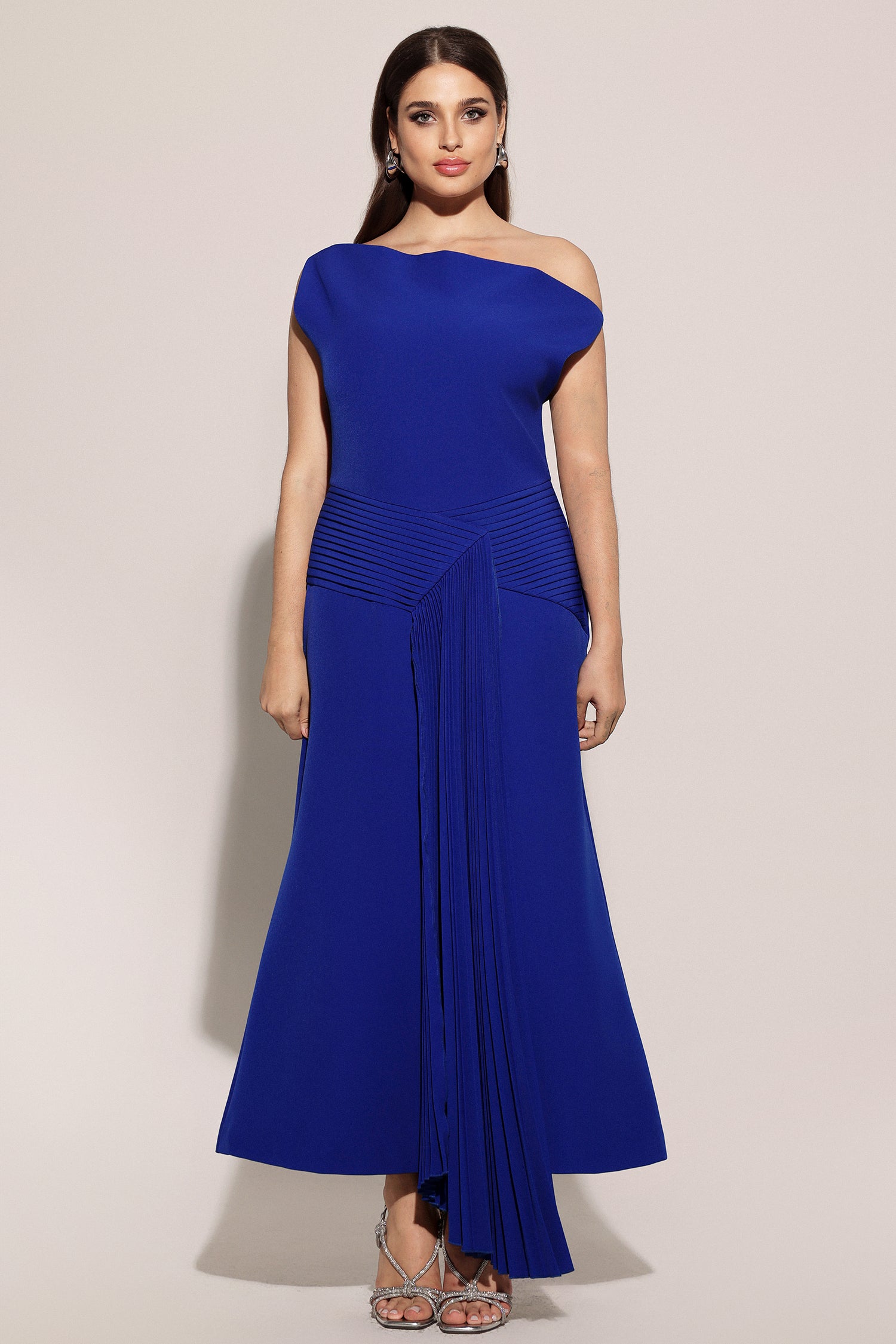 Paulina Oblique Shoulder Sleeveless Folds RoyalBlue Midi Dress