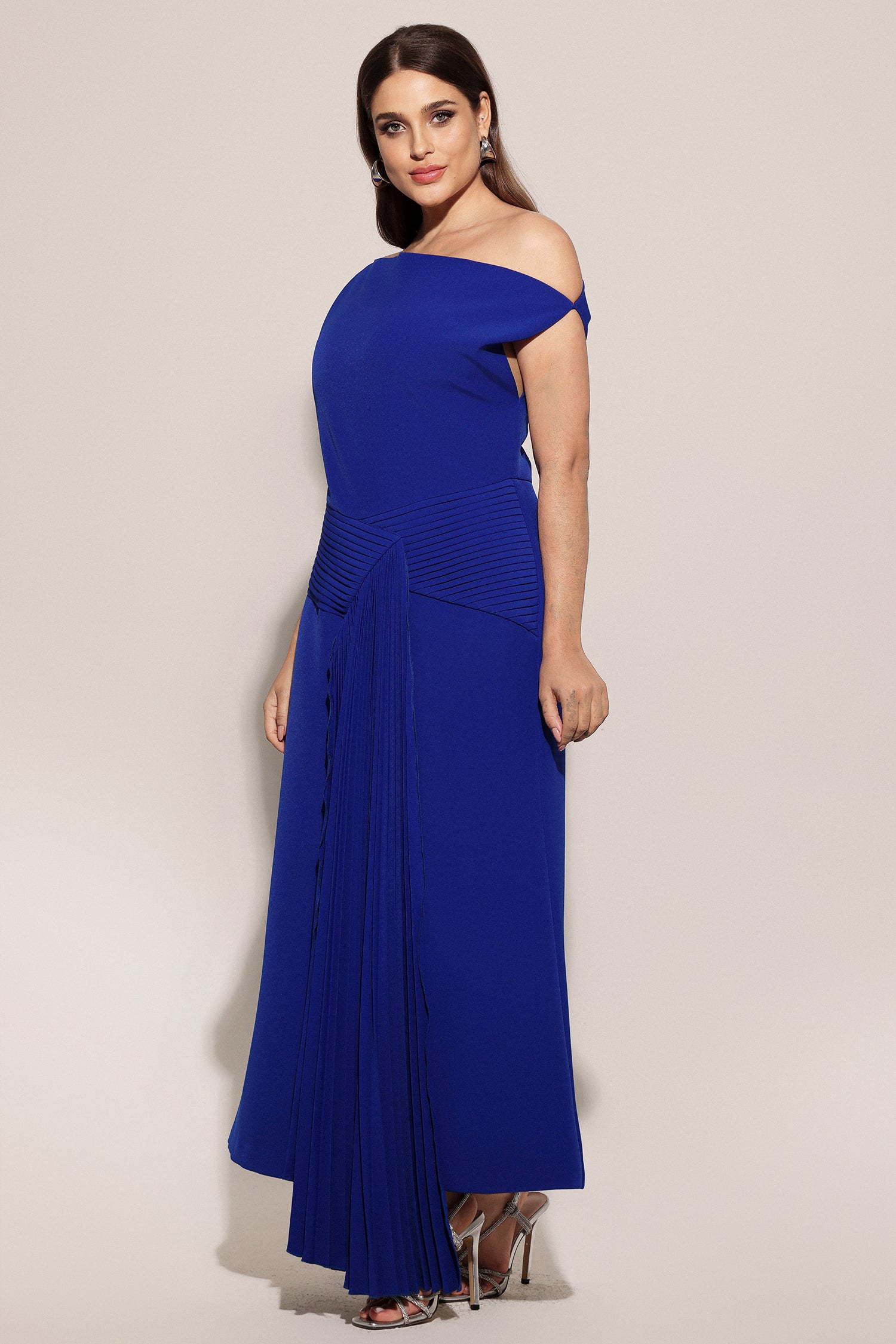 Paulina Oblique Shoulder Sleeveless Folds RoyalBlue Midi Dress