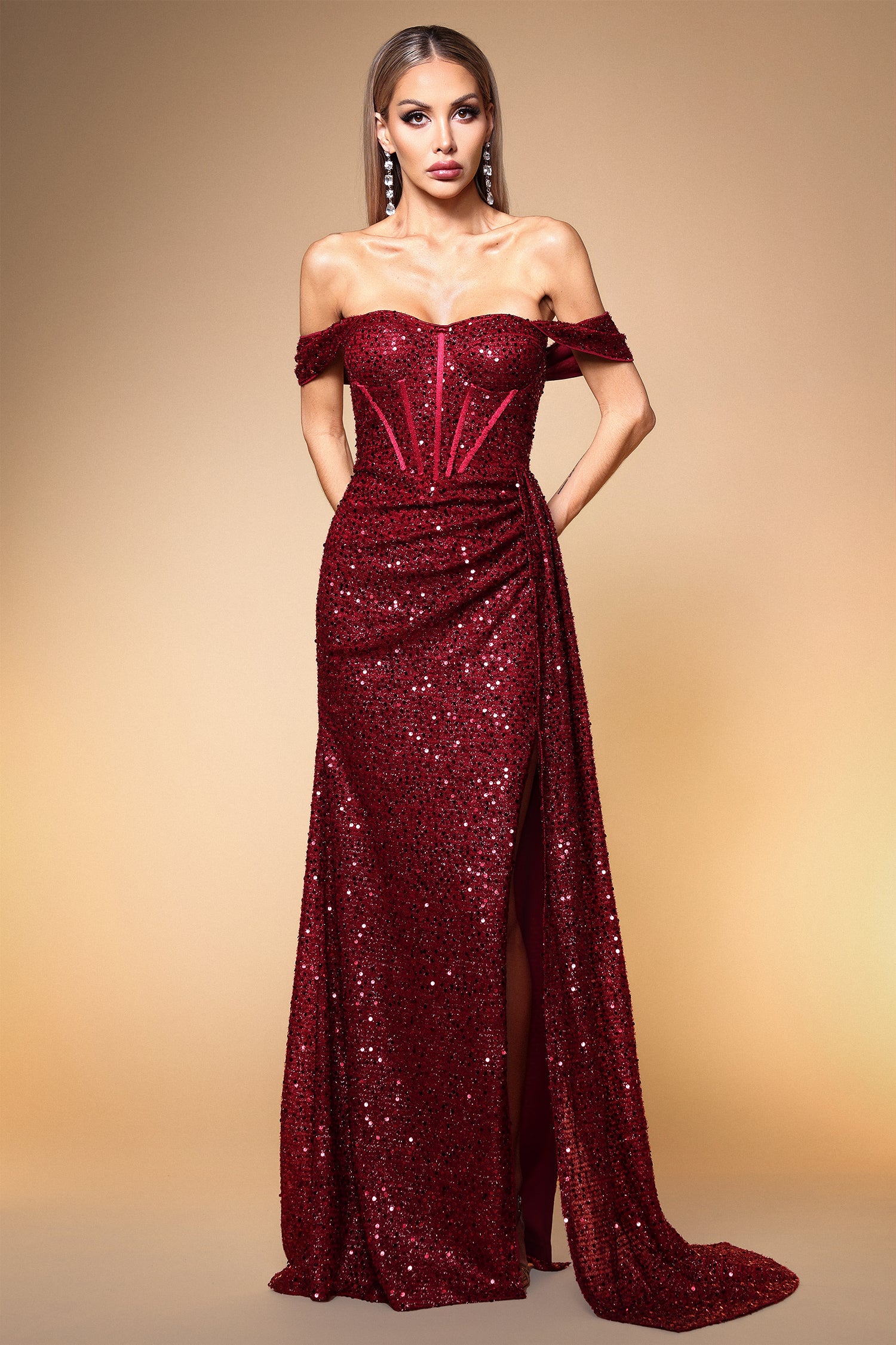 Montigo Glamorous Contour Off Shoulder Corset Sequin Maxi Dress