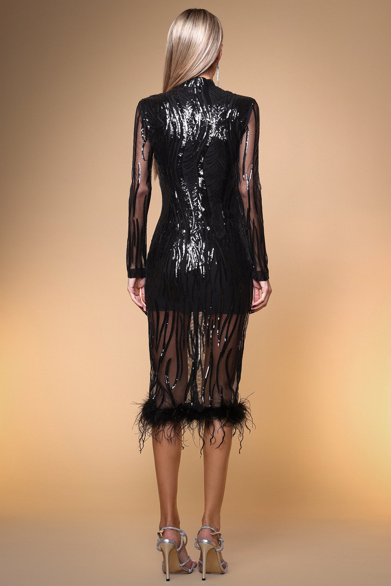 Edda Sexy Contour Long Sleeve Feather Sequin Mesh Midi Dress