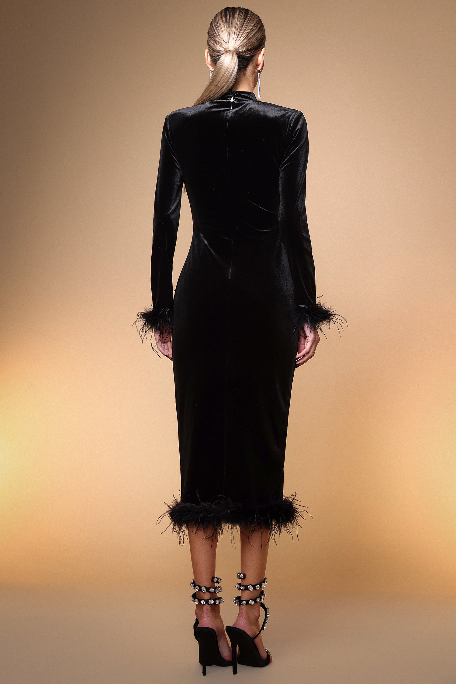 Rosita Elegant Contour Long Sleeve Feather Velvet Maxi Dress