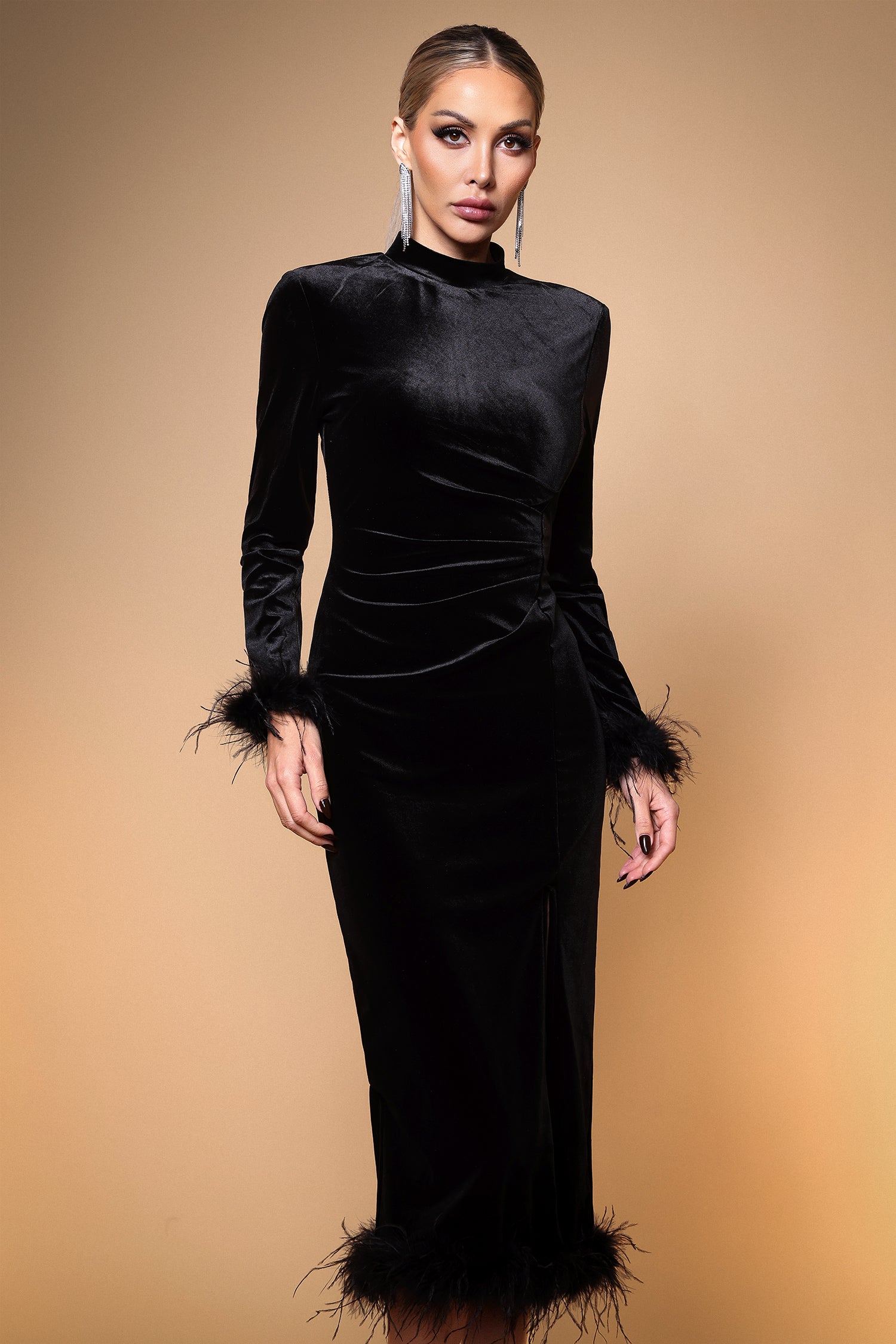 Rosita Elegant Contour Long Sleeve Feather Velvet Maxi Dress