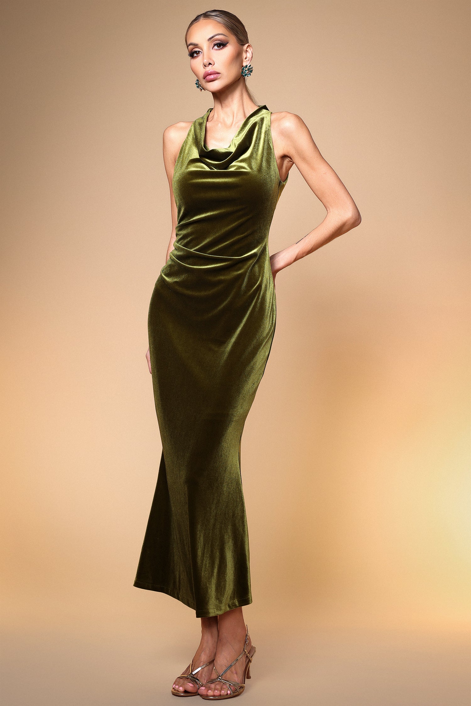 Ferlia Elegant Contour Sleeveless Cowl Collar Green Velvet Maxi Dress