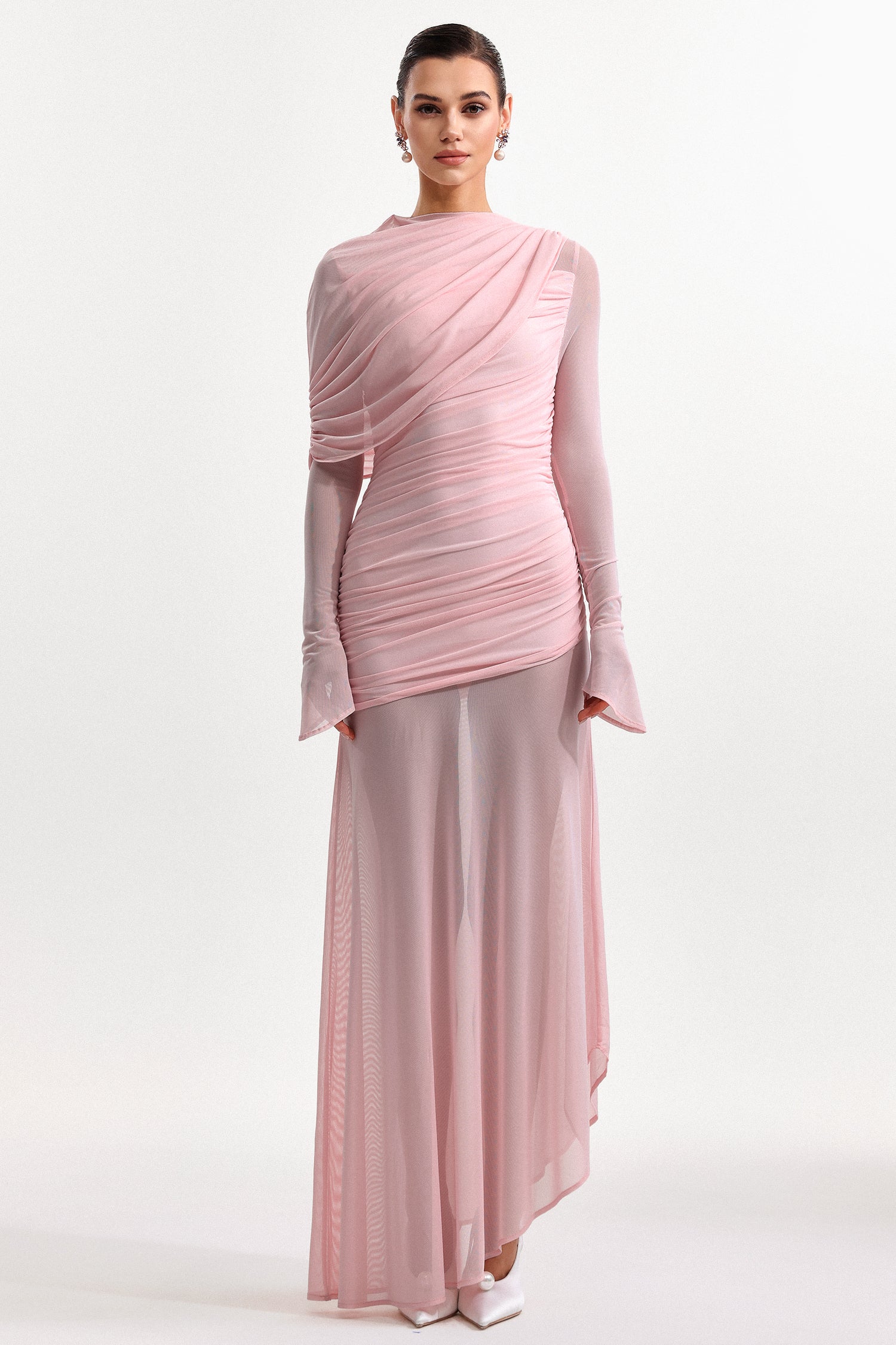 Rosie Romantic Cinched Waist Long Sleeve Ruched Knit Maxi Dress