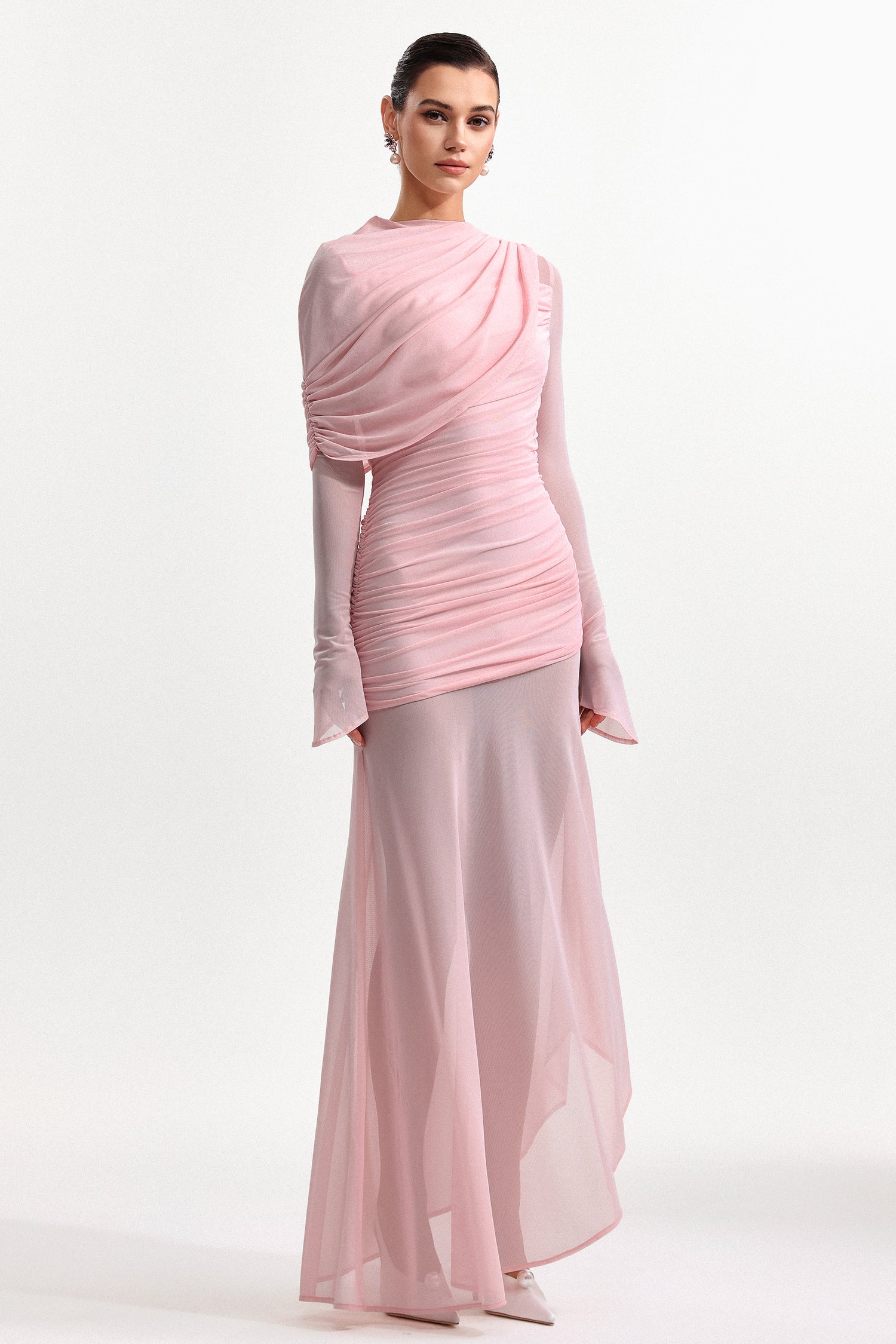Rosie Romantic Cinched Waist Long Sleeve Ruched Knit Maxi Dress