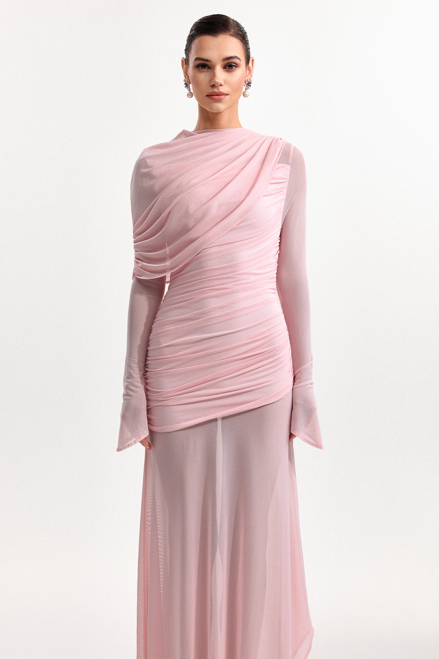 Rosie Romantic Cinched Waist Long Sleeve Ruched Knit Maxi Dress