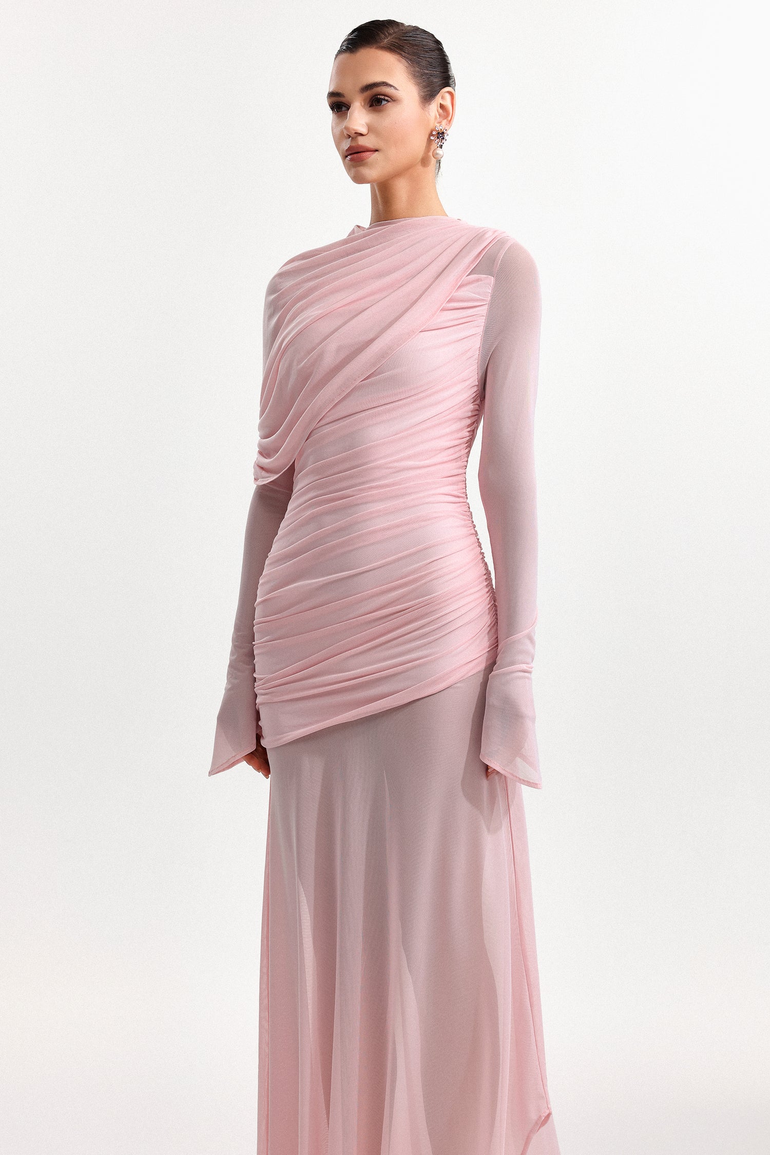 Rosie Romantic Cinched Waist Long Sleeve Ruched Knit Maxi Dress