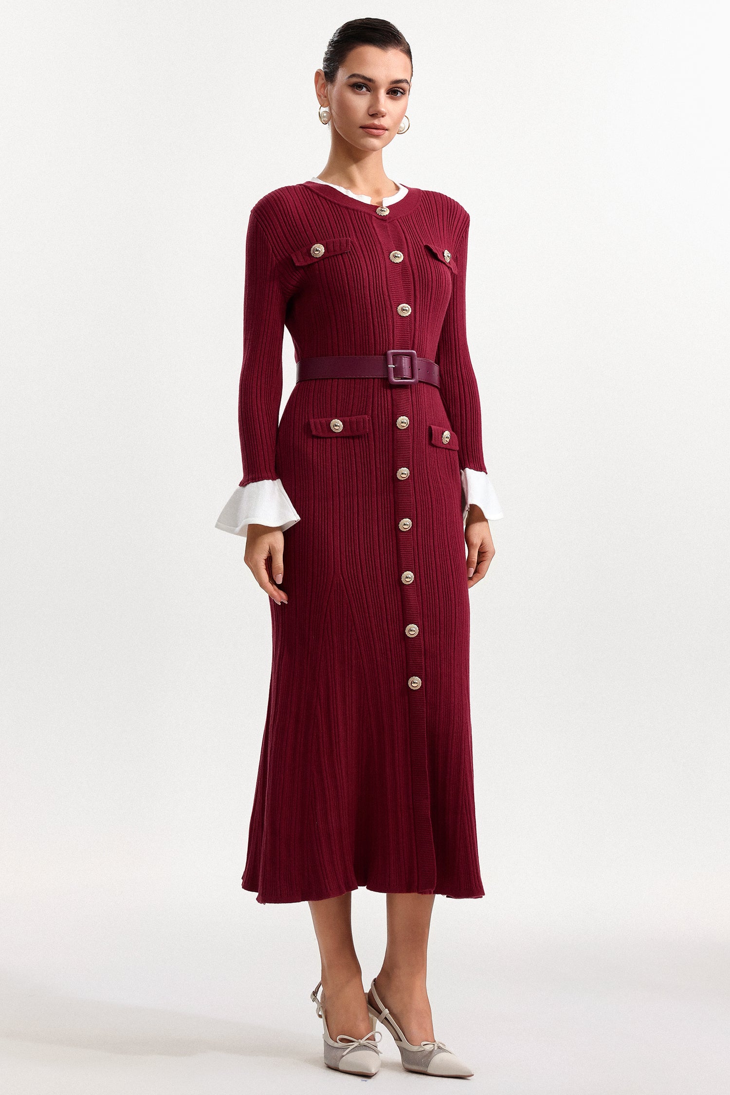 Mikko Classic Contour Round Neck Long Sleeve Knit Maxi Dress