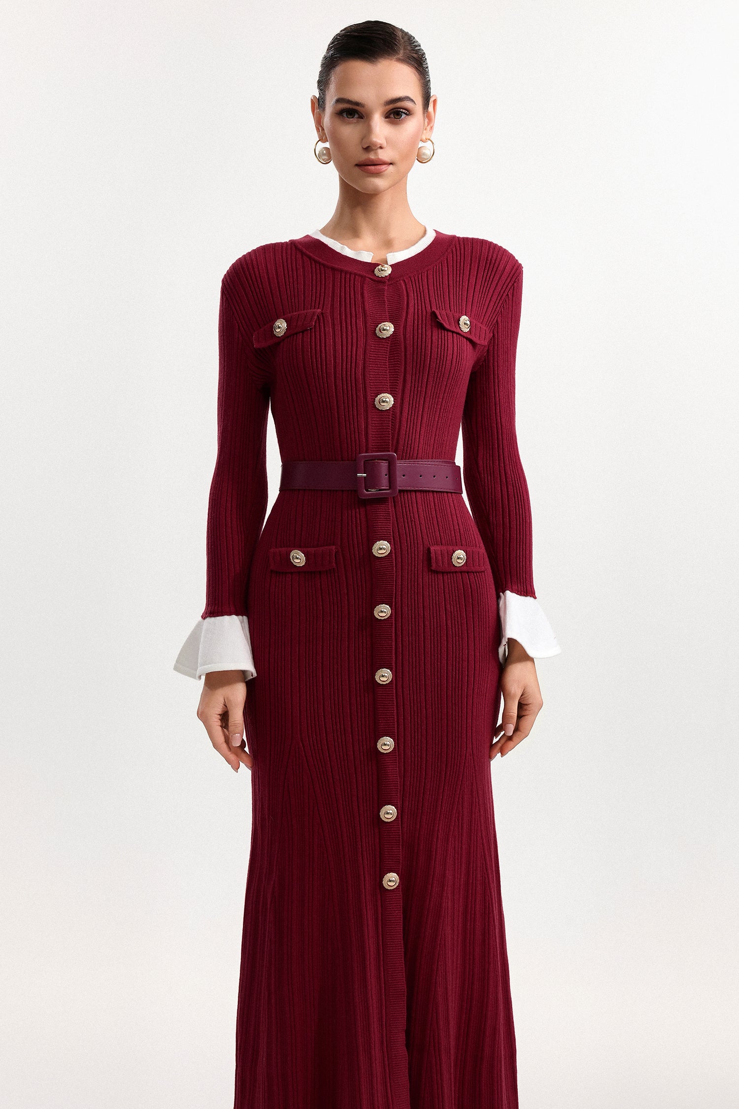 Mikko Classic Contour Round Neck Long Sleeve Knit Maxi Dress