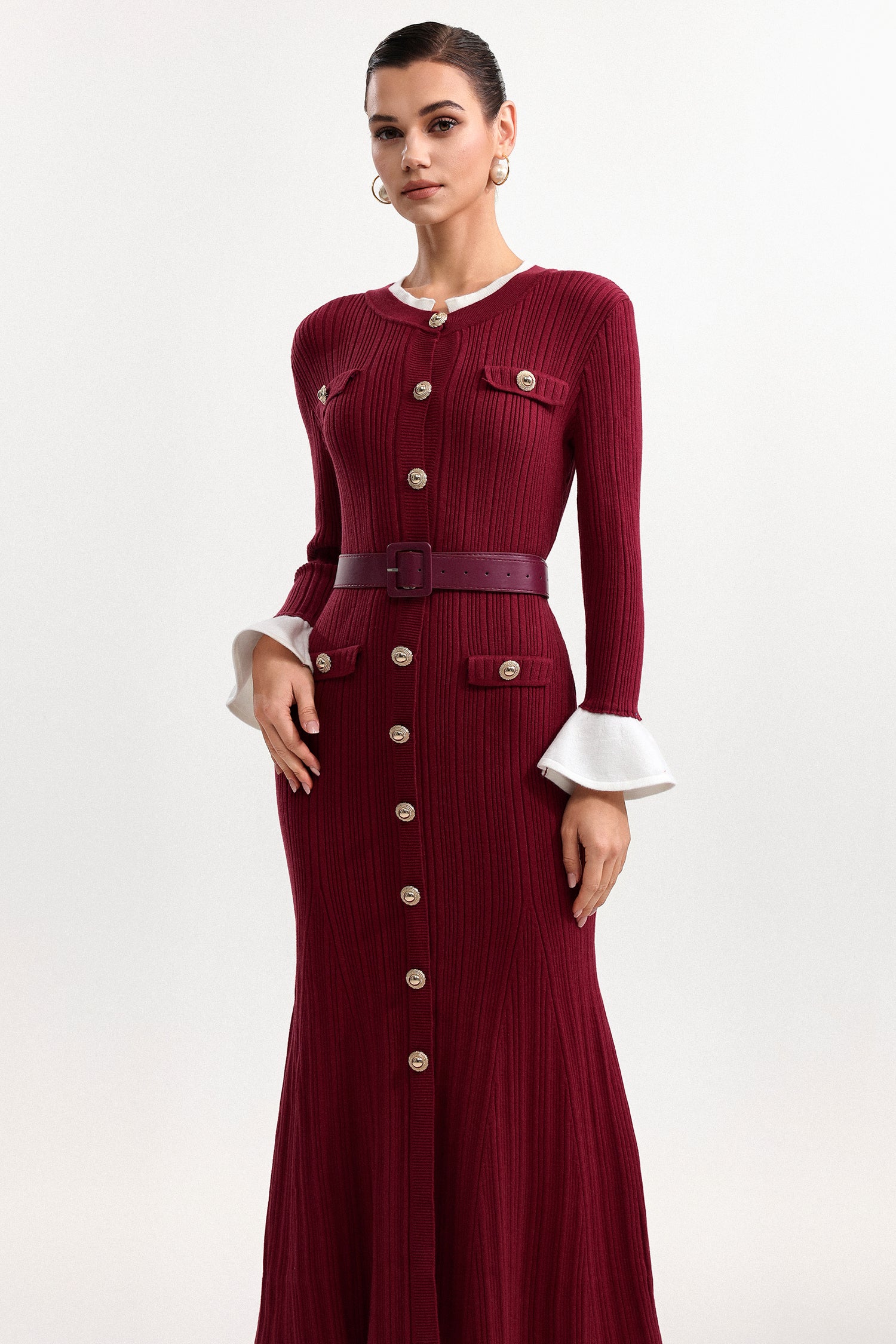 Mikko Classic Contour Round Neck Long Sleeve Knit Maxi Dress