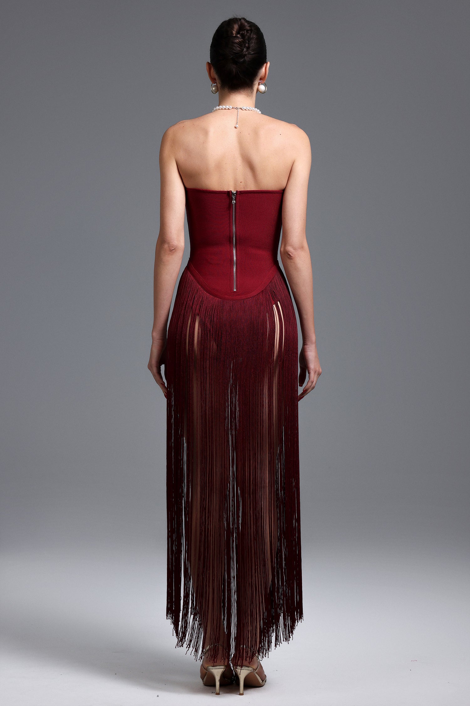 Valentina Strapless Purplish Red Fringe Dress
