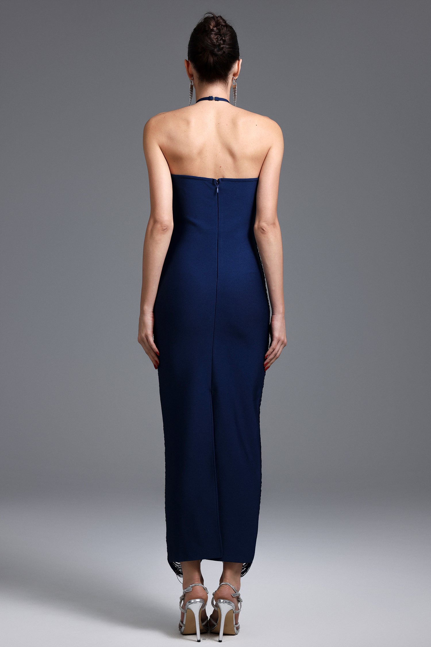 Jozie Classic Contour Halter Fringe Maxi Dress