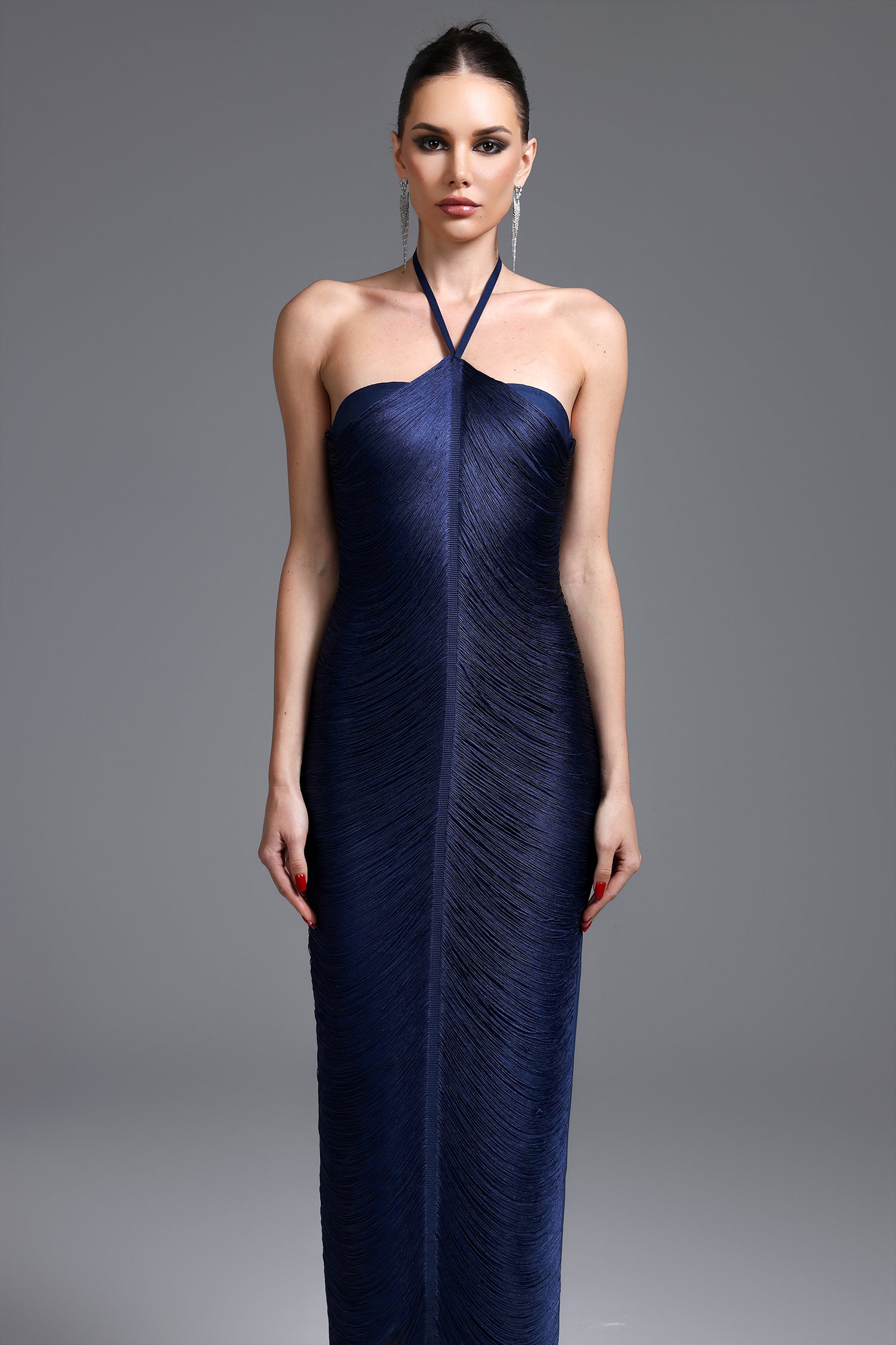 Jozie Classic Contour Halter Fringe Maxi Dress