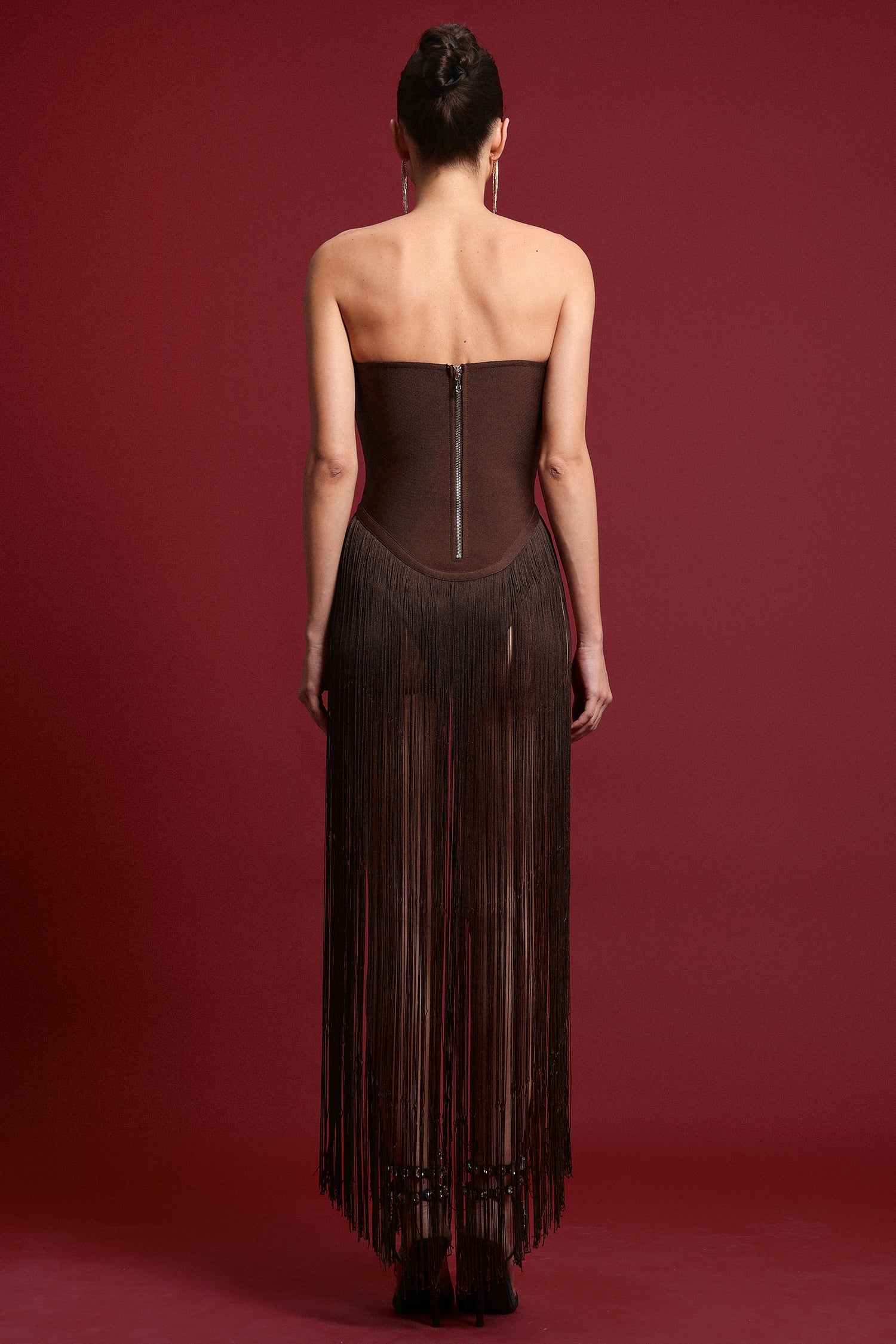 Valentina Strapless Brown Fringe Dress