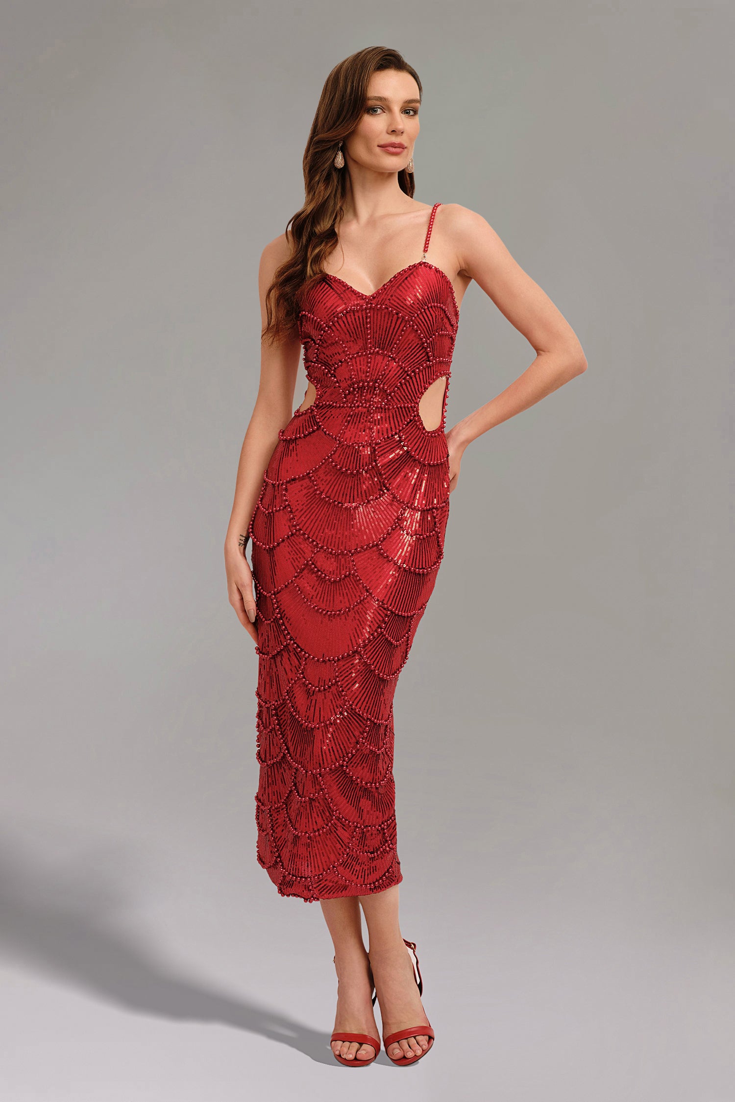 Teresa Pearl Sequin Midi Dress- Red