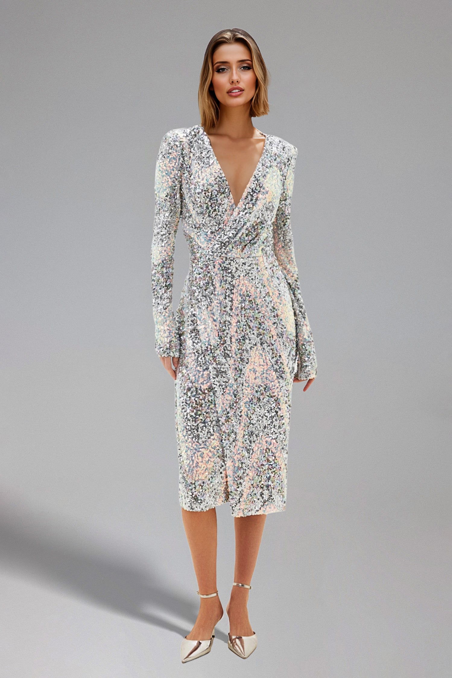 Tinsley Deep-V Long Sleeves Sequin Midi Dress