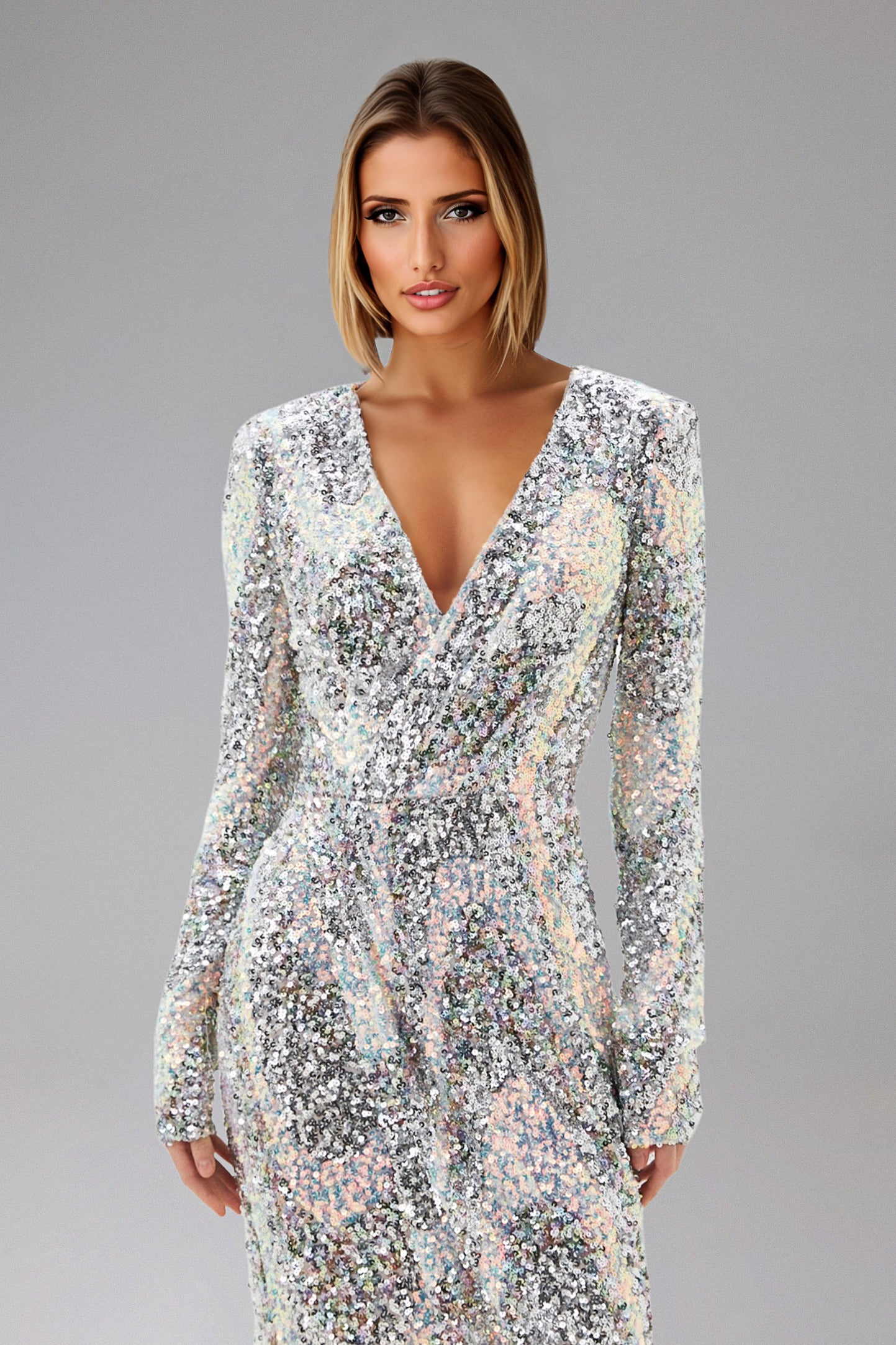 Tinsley Deep-V Long Sleeves Sequin Midi Dress