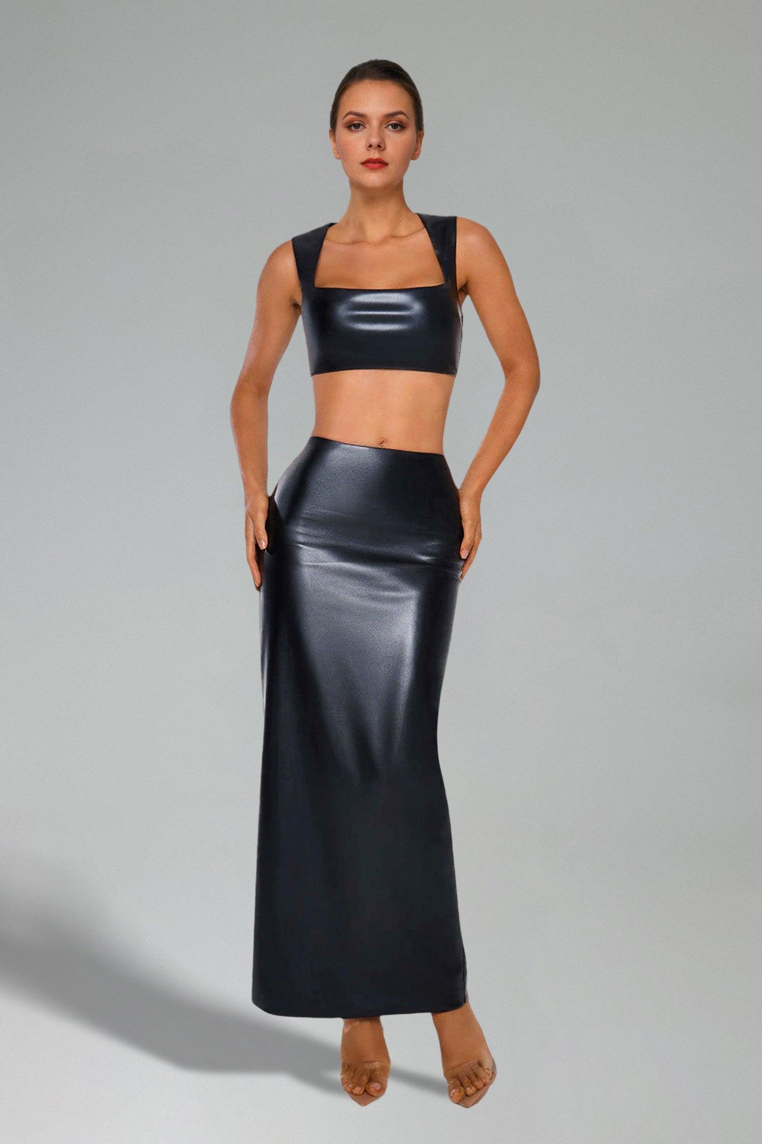 Lorena Sleeveless Slit Artificial Leather Maxi Tow-piece Set