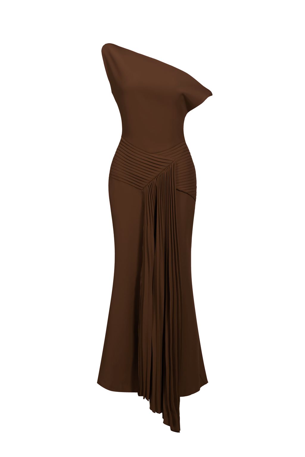 Paulina Oblique Shoulder Sleeveless Folds Brown Midi Dress