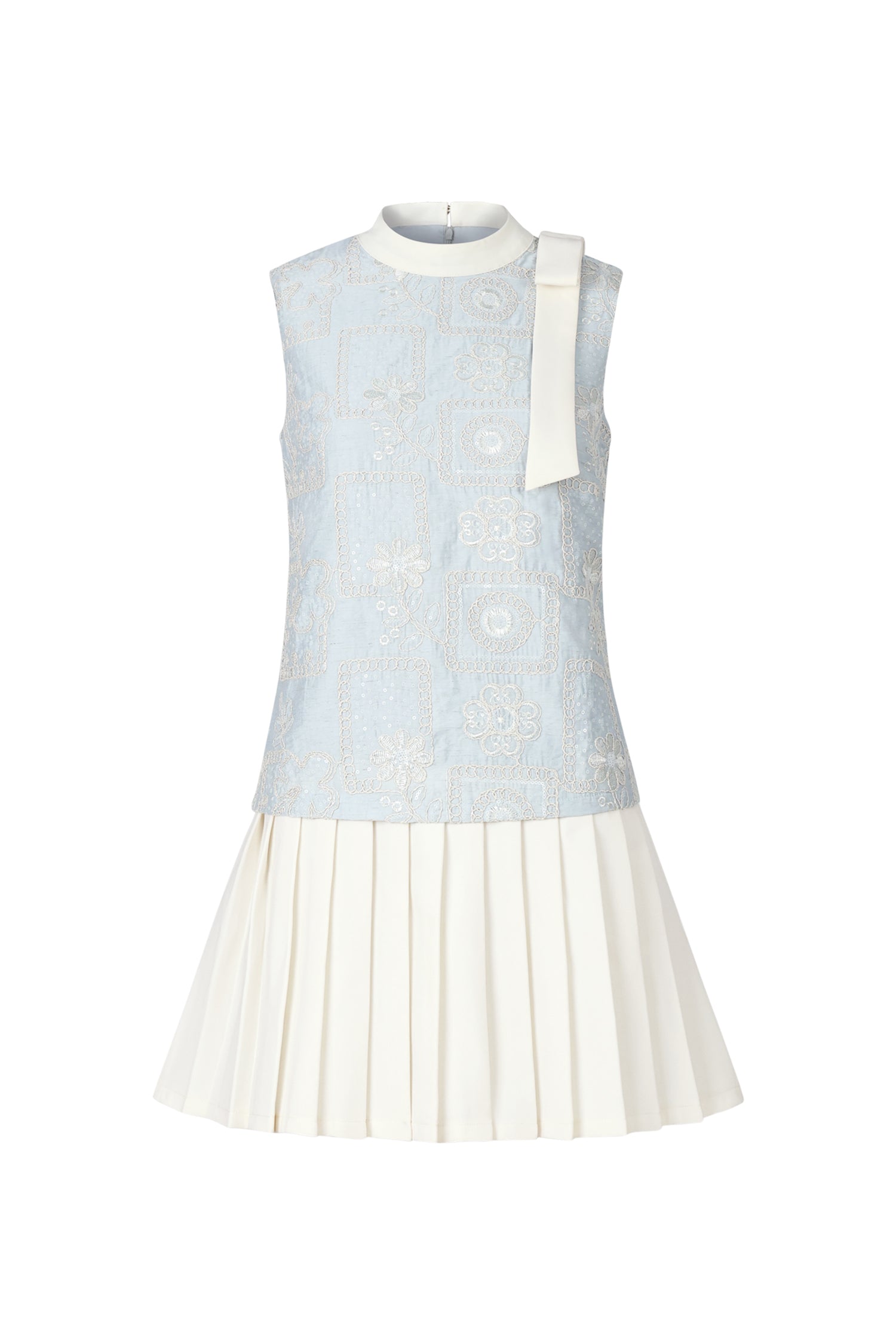 Deliyn Round Neck Sleeveless Bowknot Embroidery Folds Mini Dress