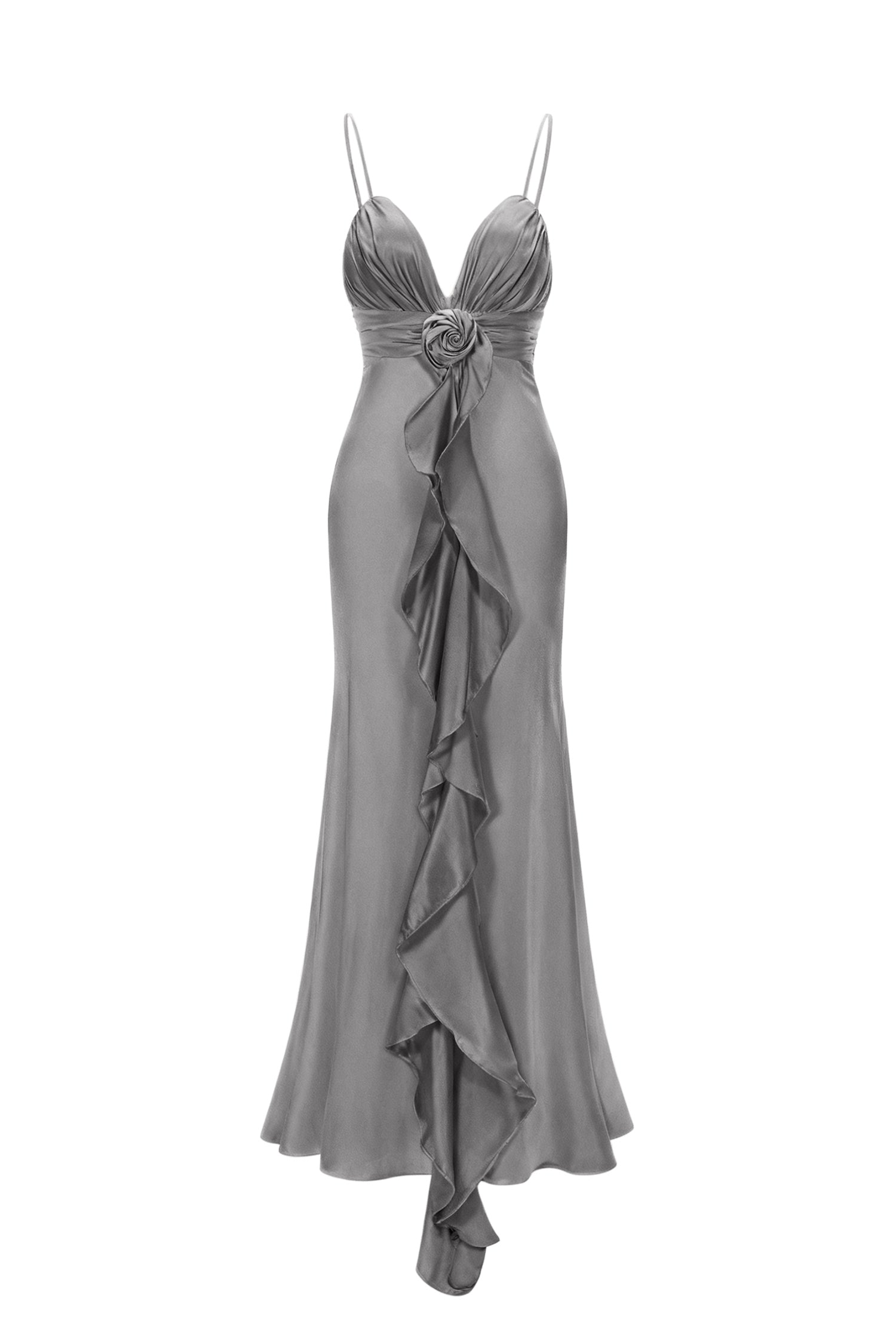 Yvonne Sleeveless V-Neck Flowers Flounce Gray Maxi Dress
