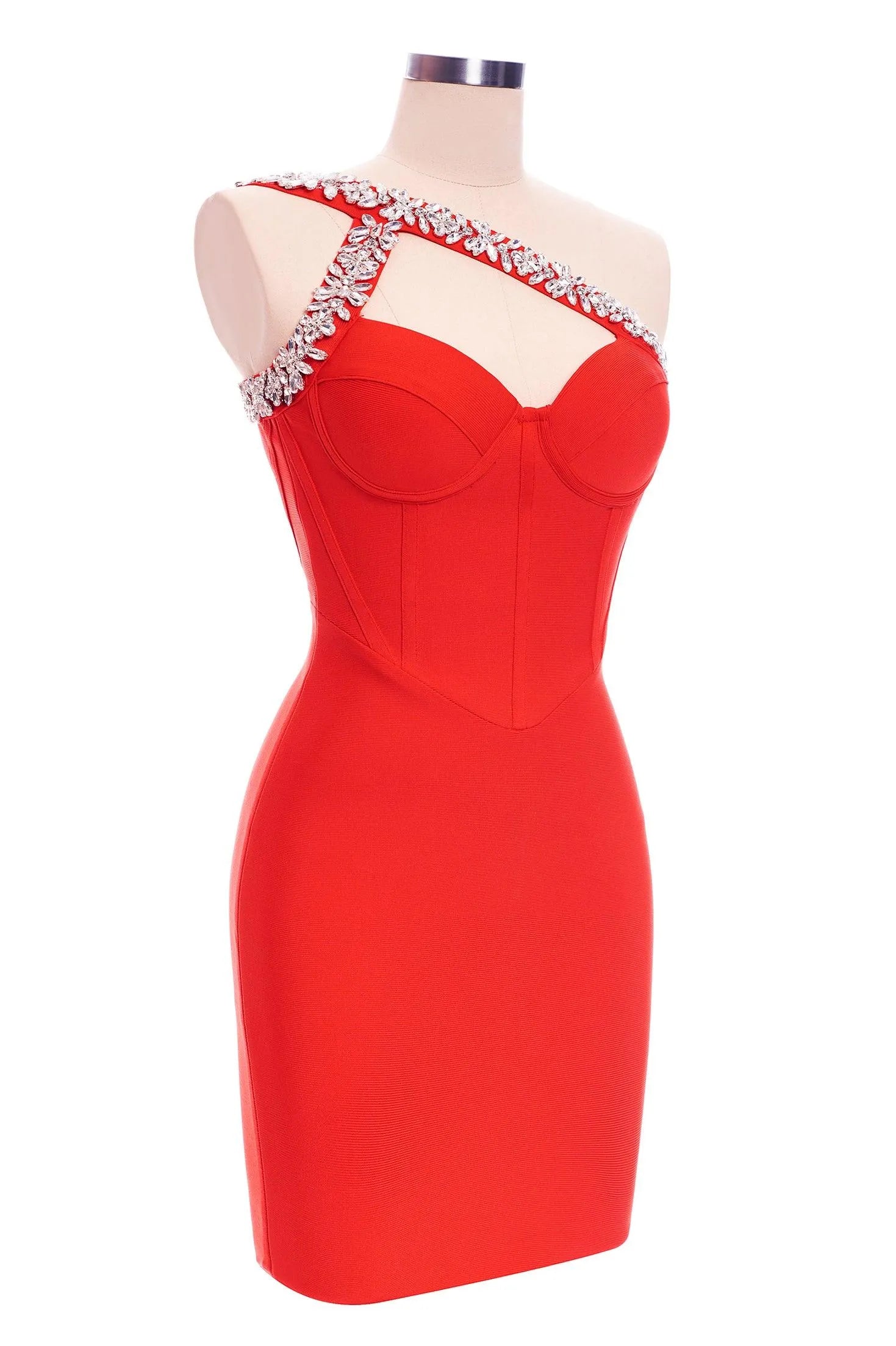 Strass One Shoulder Bandage Cocktail Kleid - Rot