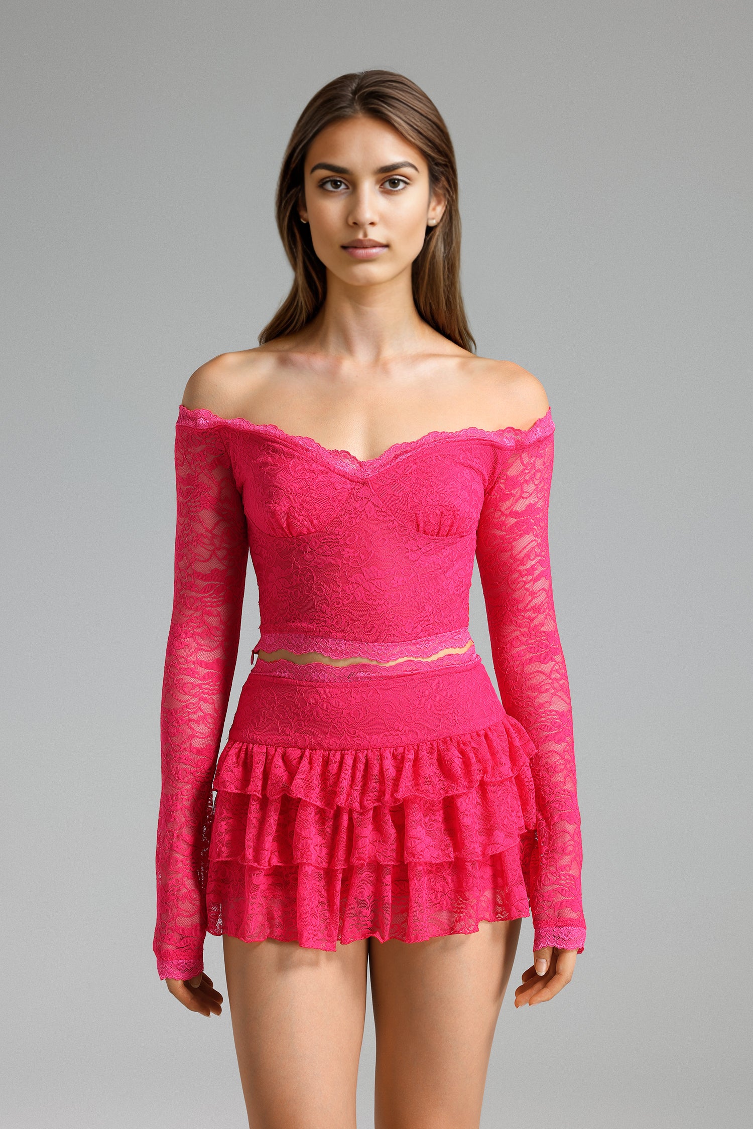 Dekia Lace Off Shoulder Mini Skirt Set - Pink