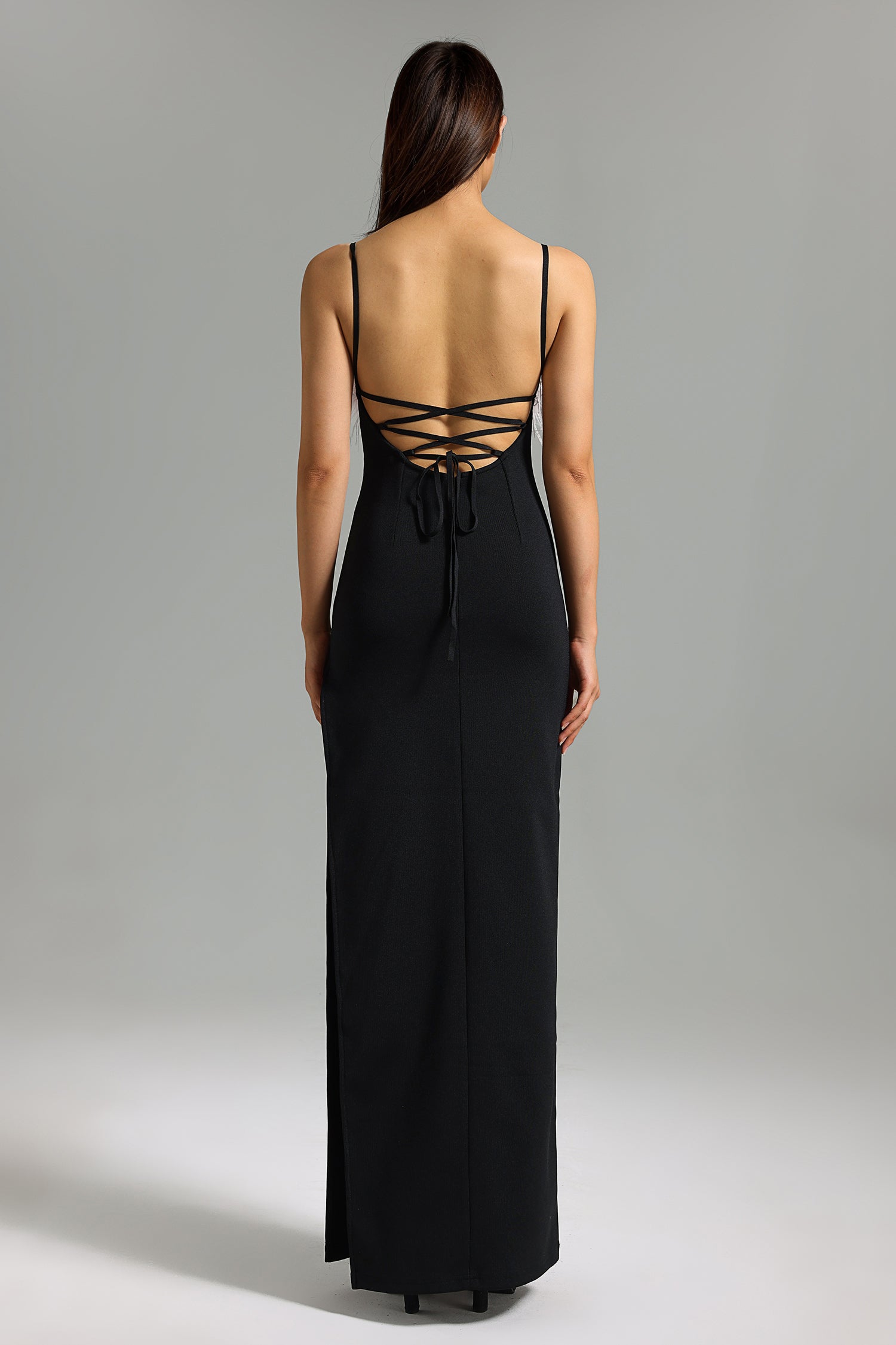 Henrietta Feather Side Slit Bandage Maxi Dress - Black