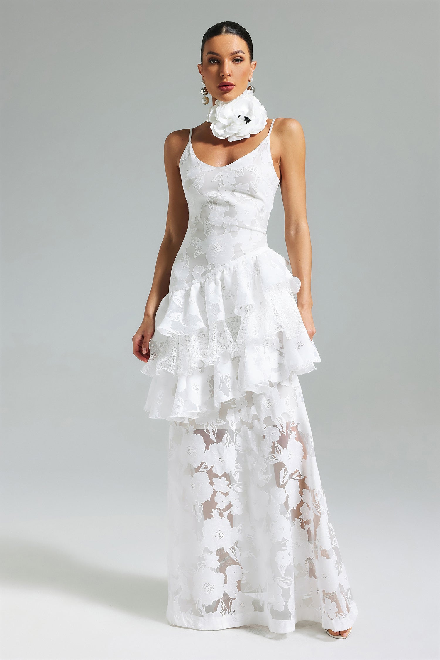 Kuller Flower Lace Ruffled Maxi Dress