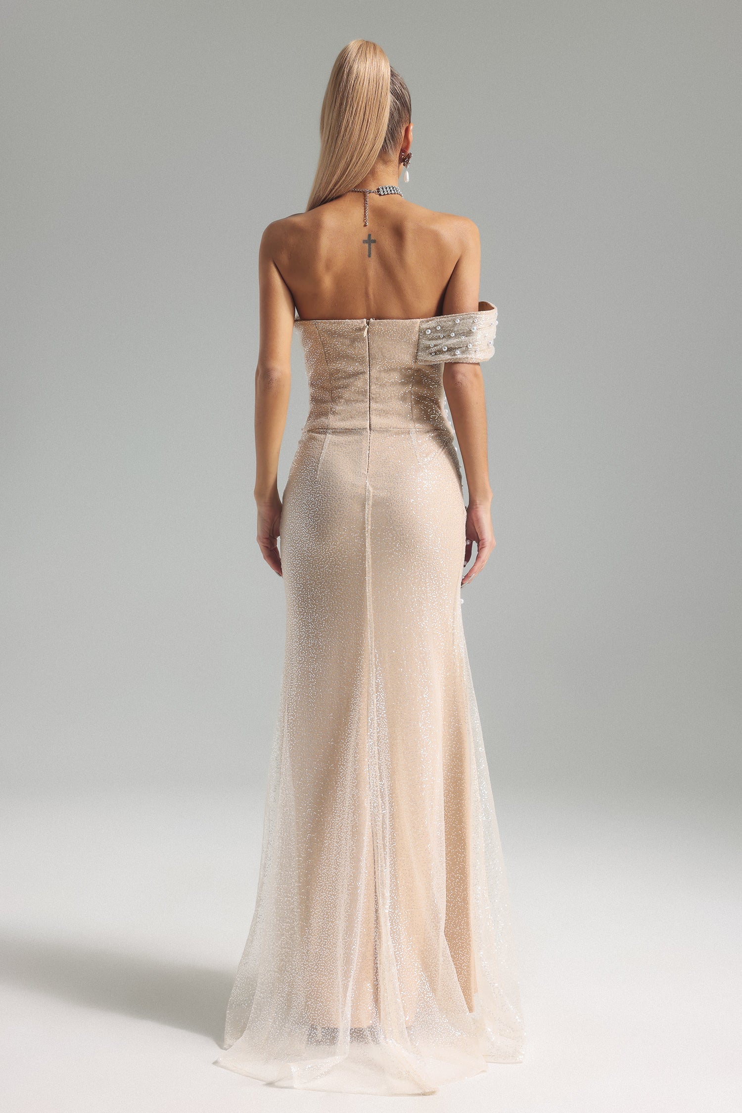 Patsy Strapless Pearl Mesh Maxi Dress