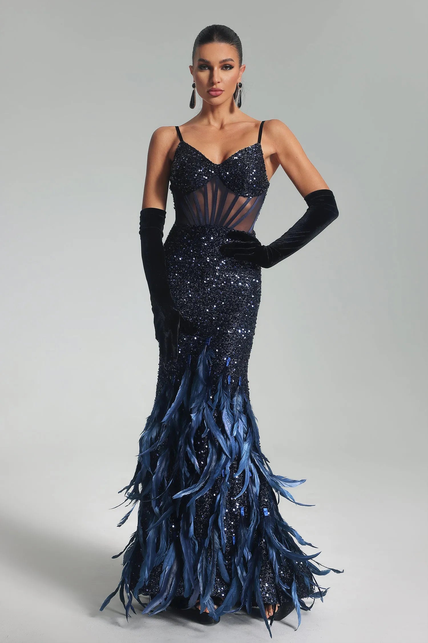 Robe longue à plumes et sequins Sarah