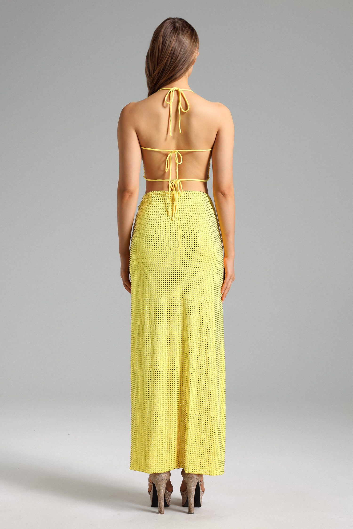 Solvia Halter Diamante Pleated Set - Yellow