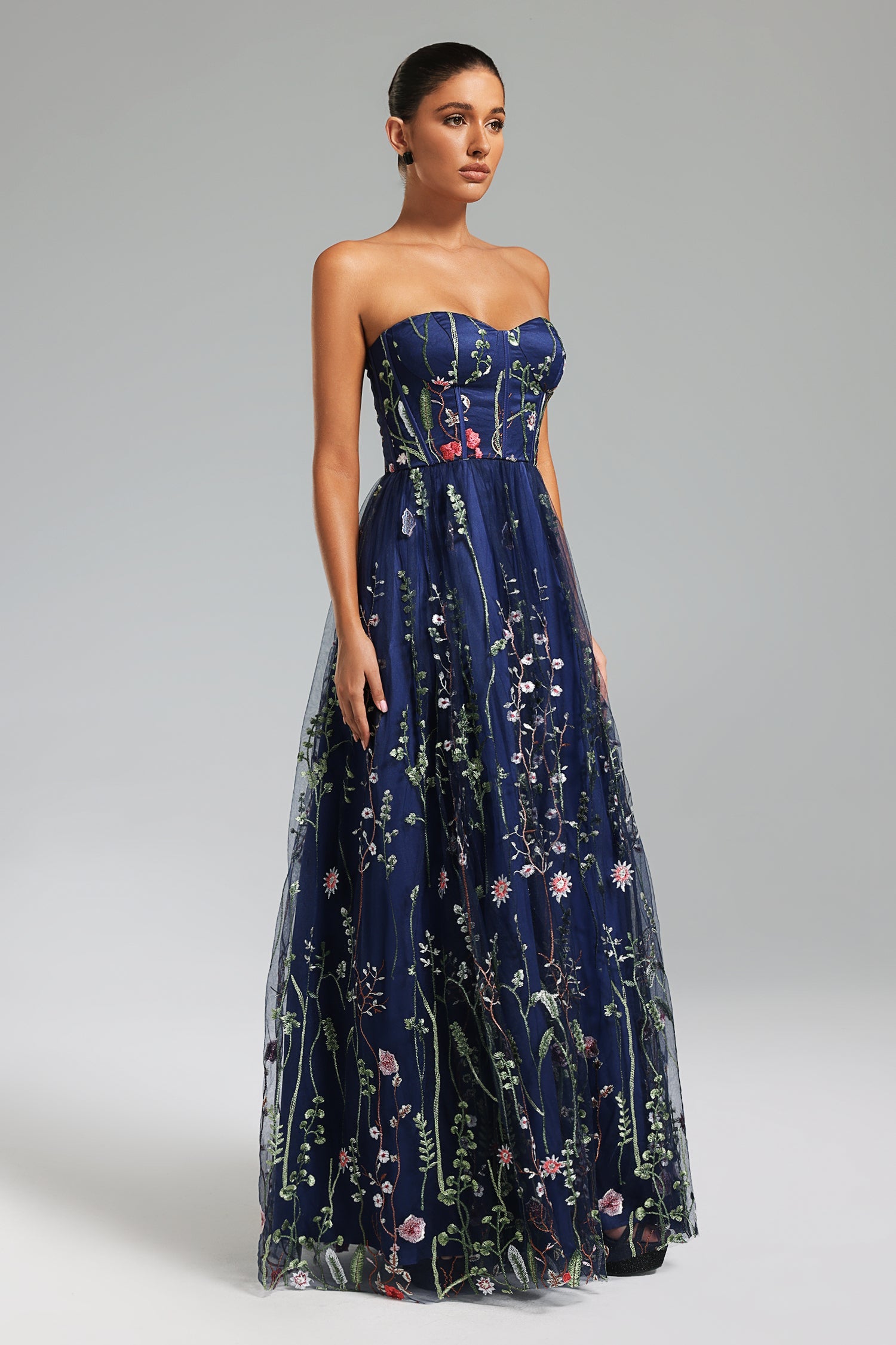 Tusare Open Shoulder Embroidery Maxi Dress - Floral
