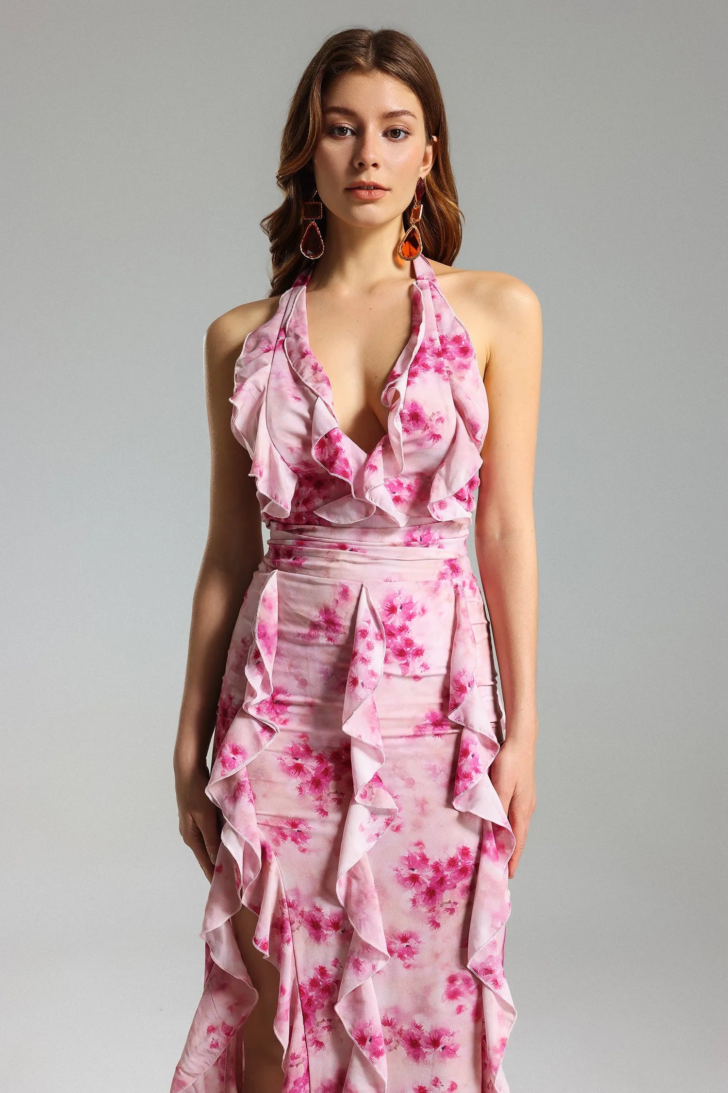 Yamia Floral Ruffled Halter Kleid