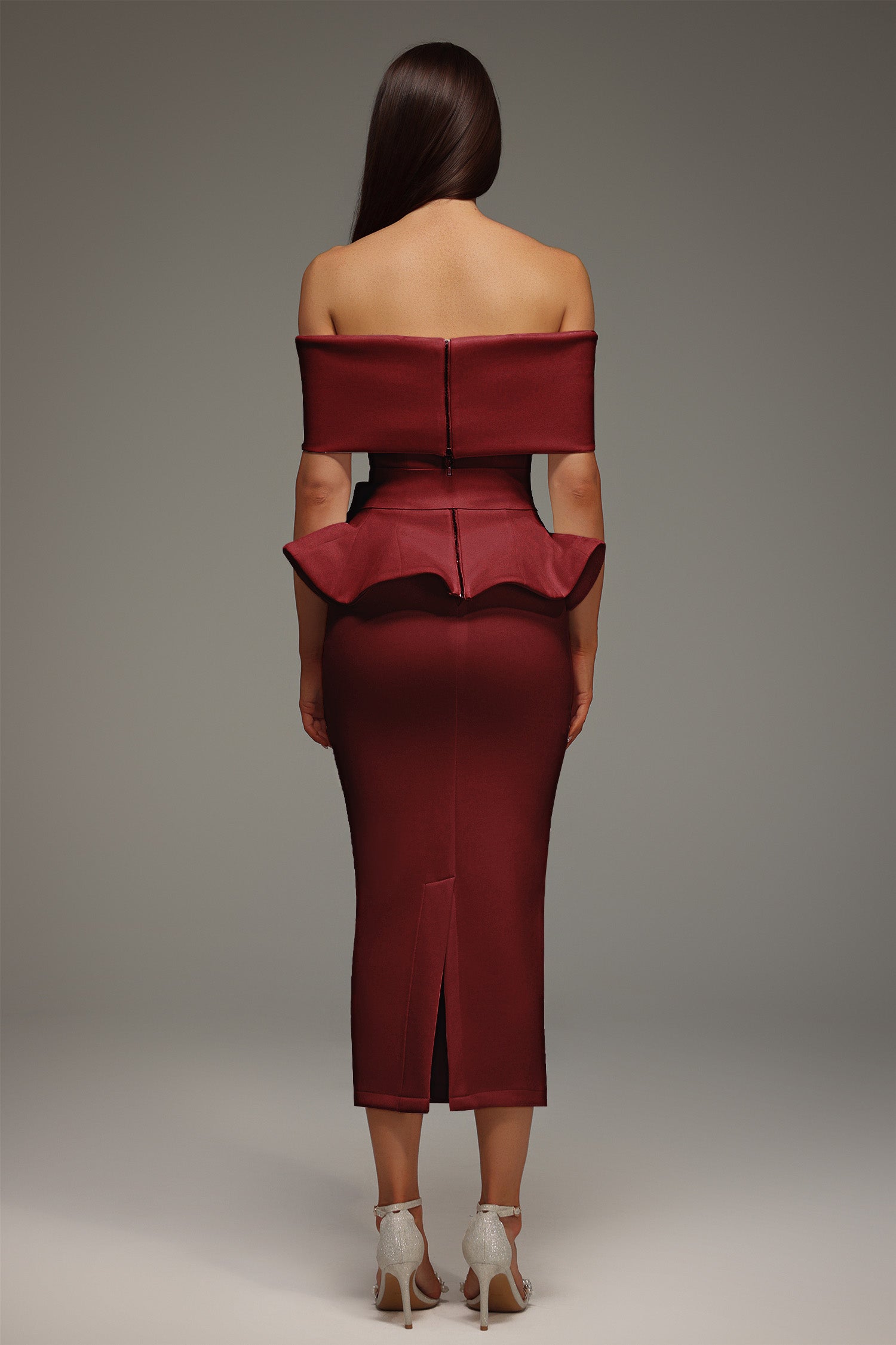 Eleanore Off The Shoulder  Ruffled Edge Red Midi Dress