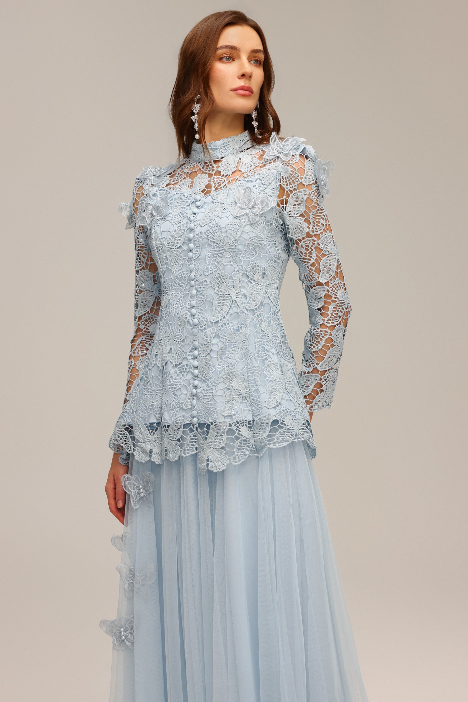 Sabina Long Sleeve Folds Lace Butterfly Top And Skirt Two-Piece Set