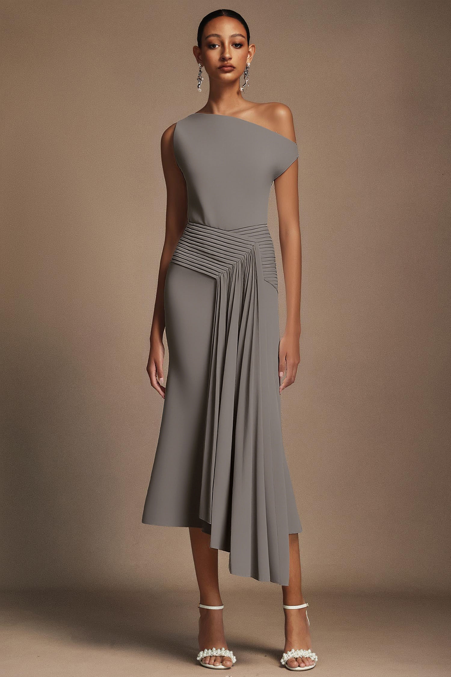 Paulina Oblique Shoulder Sleeveless Folds Gray Midi Dress