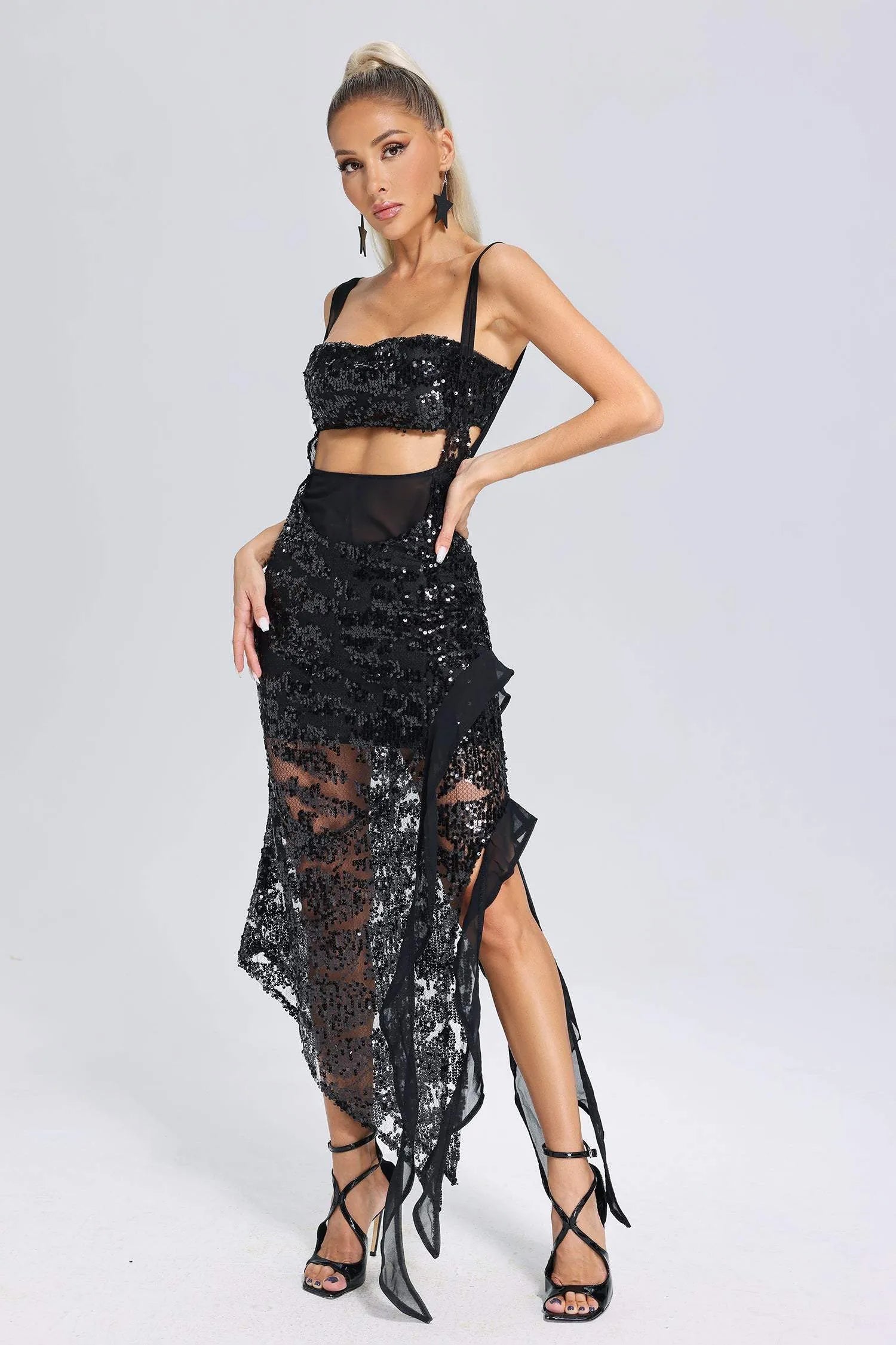 Niavia Ruffle Sequin Mesh Midi Dress