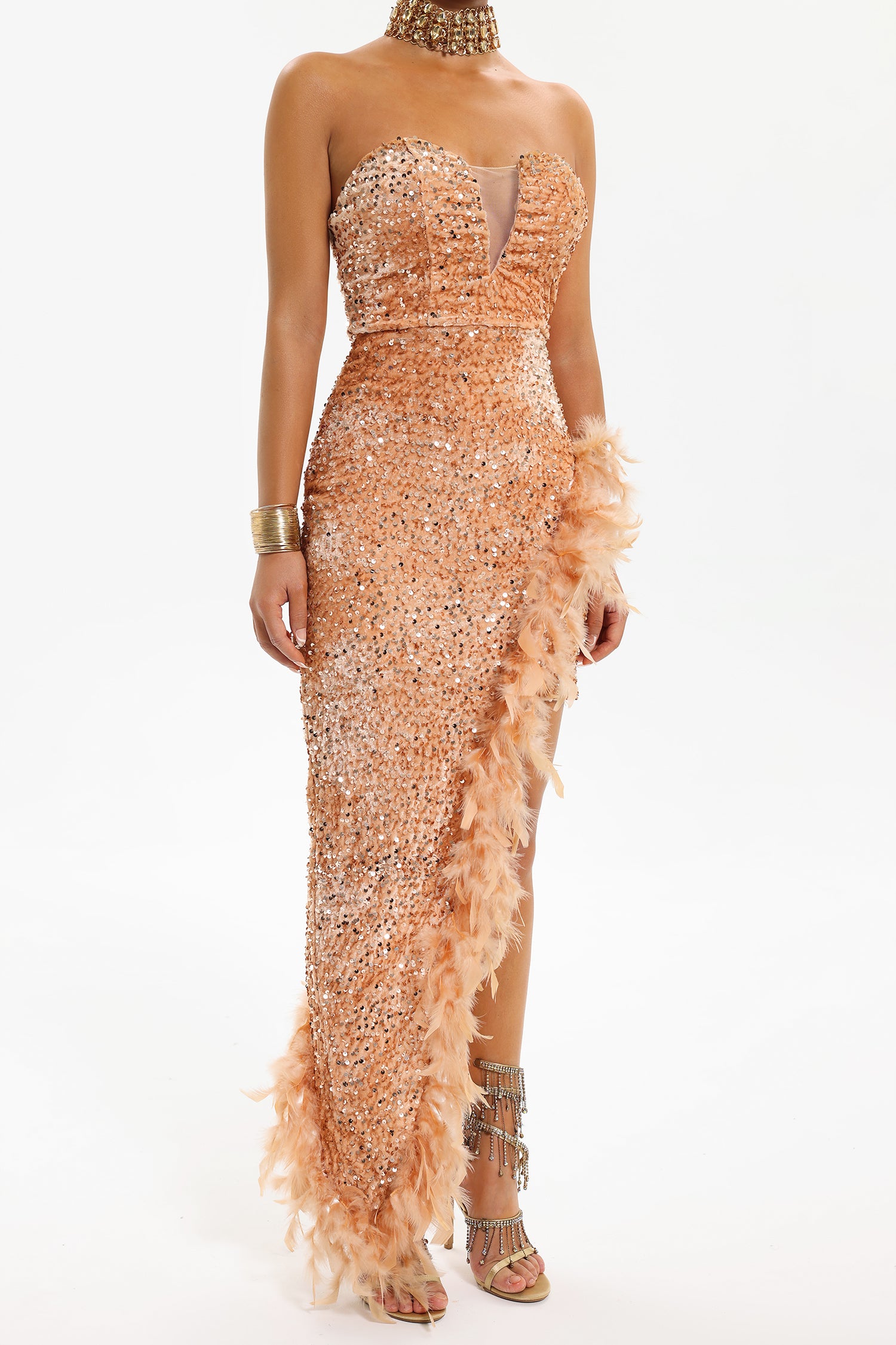 Shanley Feather Slit Sequin Dress