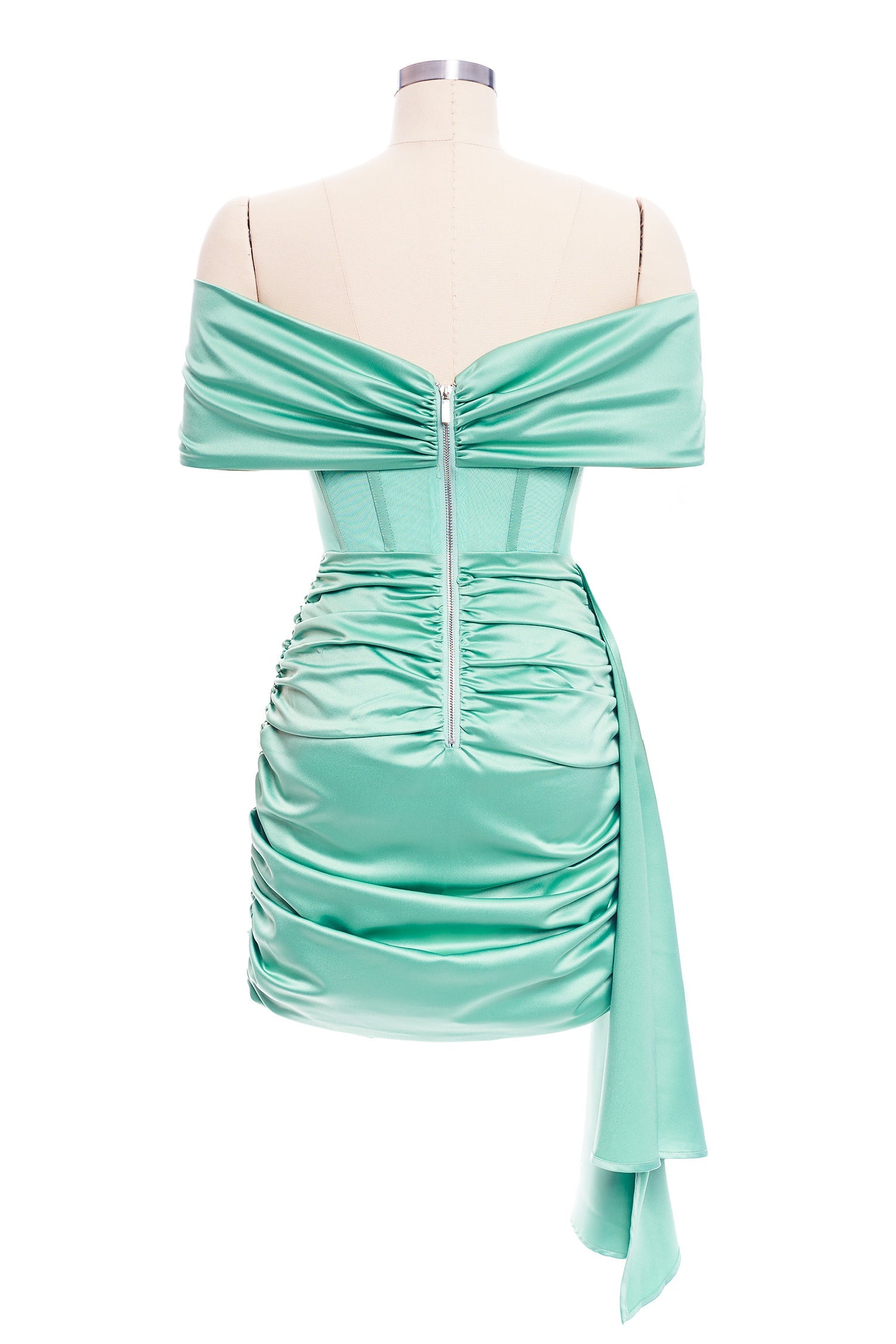 Satin Draping Off Shoulder Gerafftes Korsett Kleid - Mint