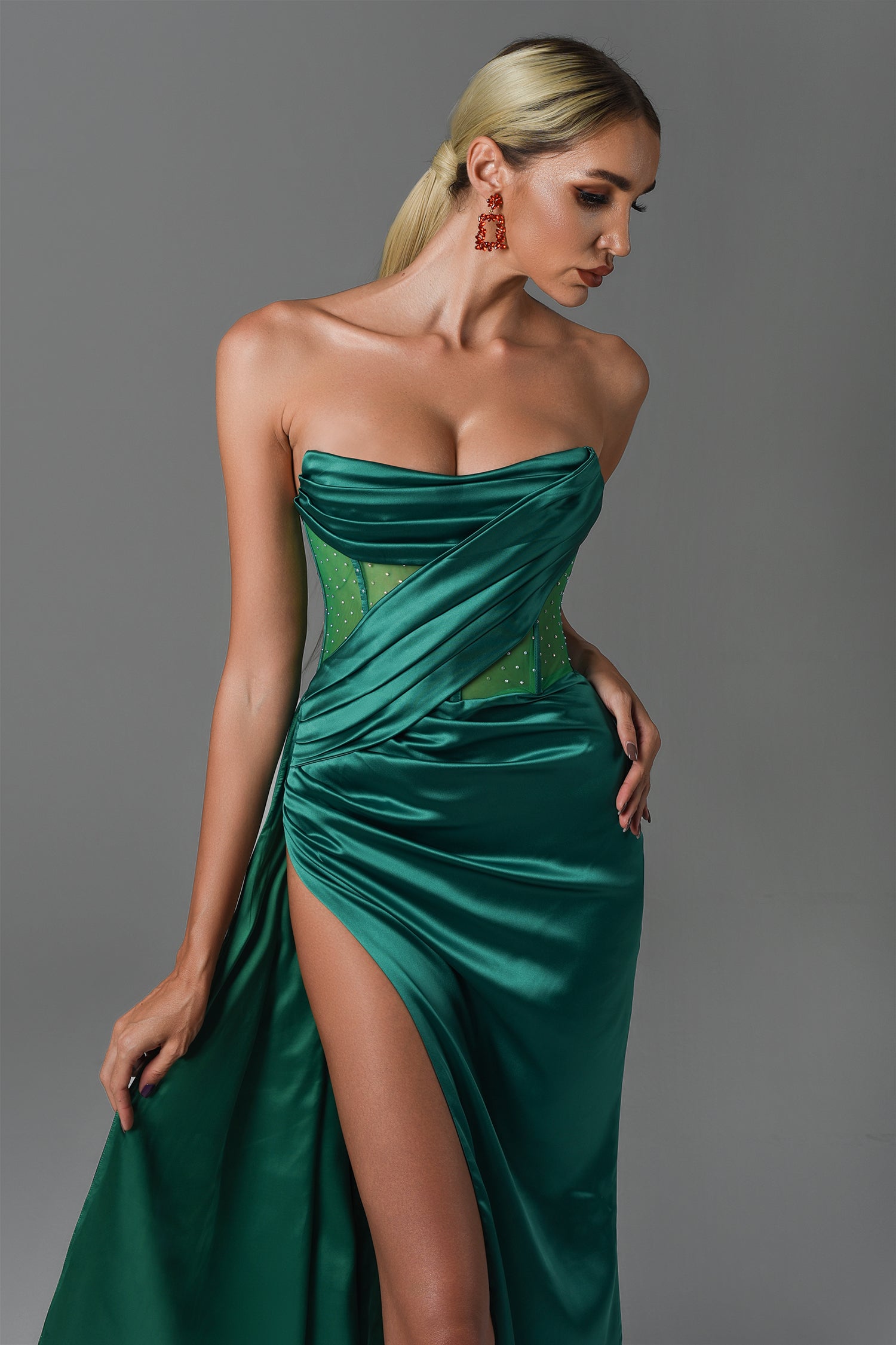 Haliya Crystallized Corset High Slit Gown - Green - Bellabarnett